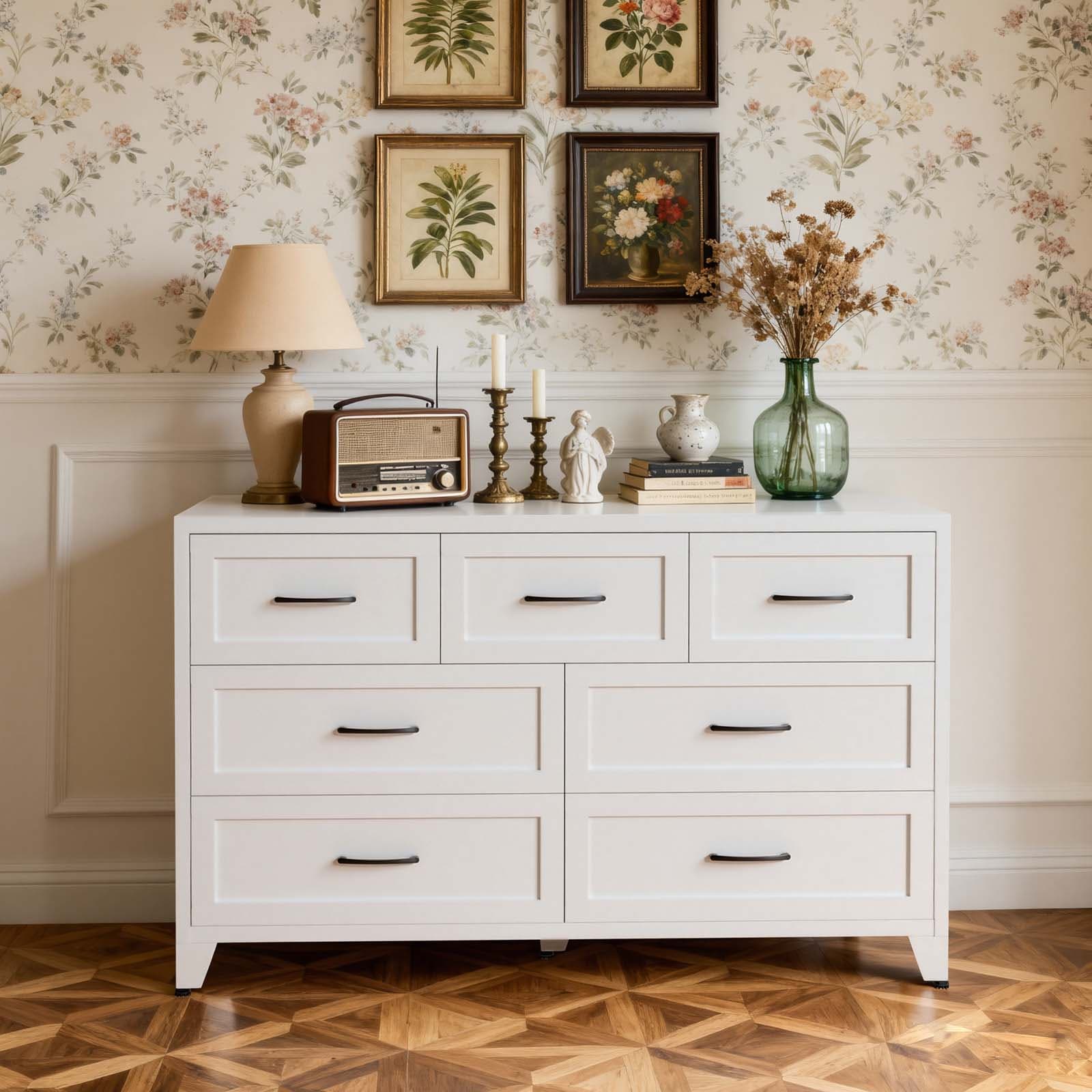 White 7 -Drawer 47.3-in Metal File Cabinet Filing Chest Wide Low-Profile Storage Cabinet Bedroom ...
