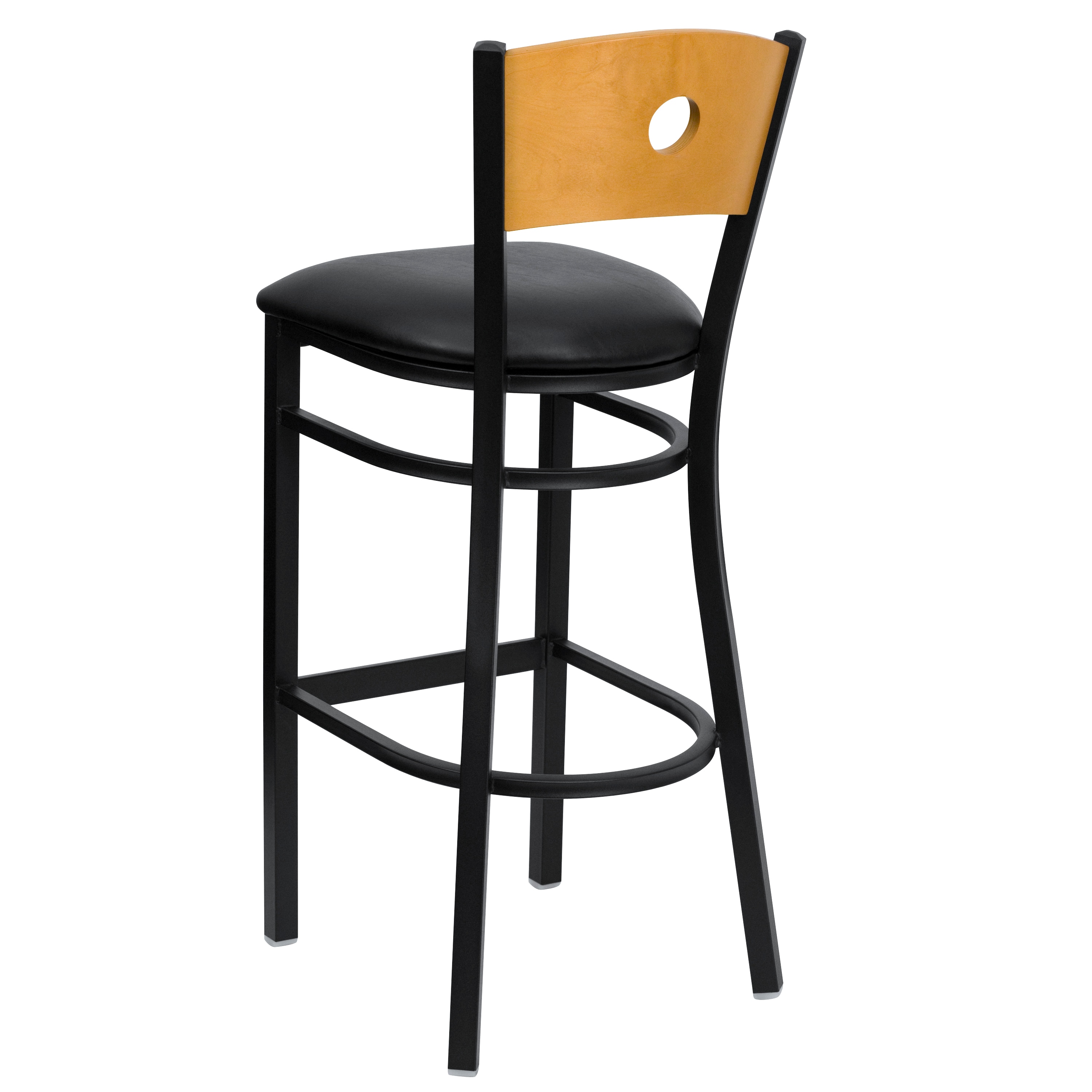 Natural Wood Back Black Vinyl Seat Metal Barstool