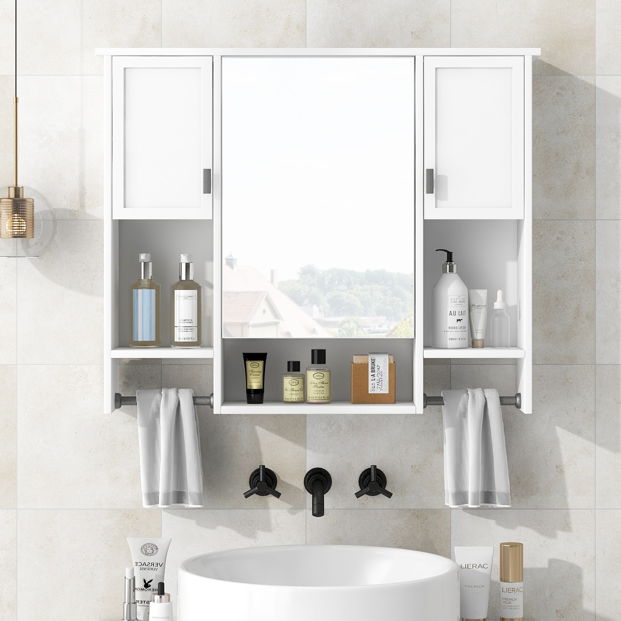 Wooakway 35x28 Inch Modern Wall Mounted Bathroom Storage Cabinet Bathroom Medicine Cabinets with Mirror Medicine Cabinet with Towels Bar