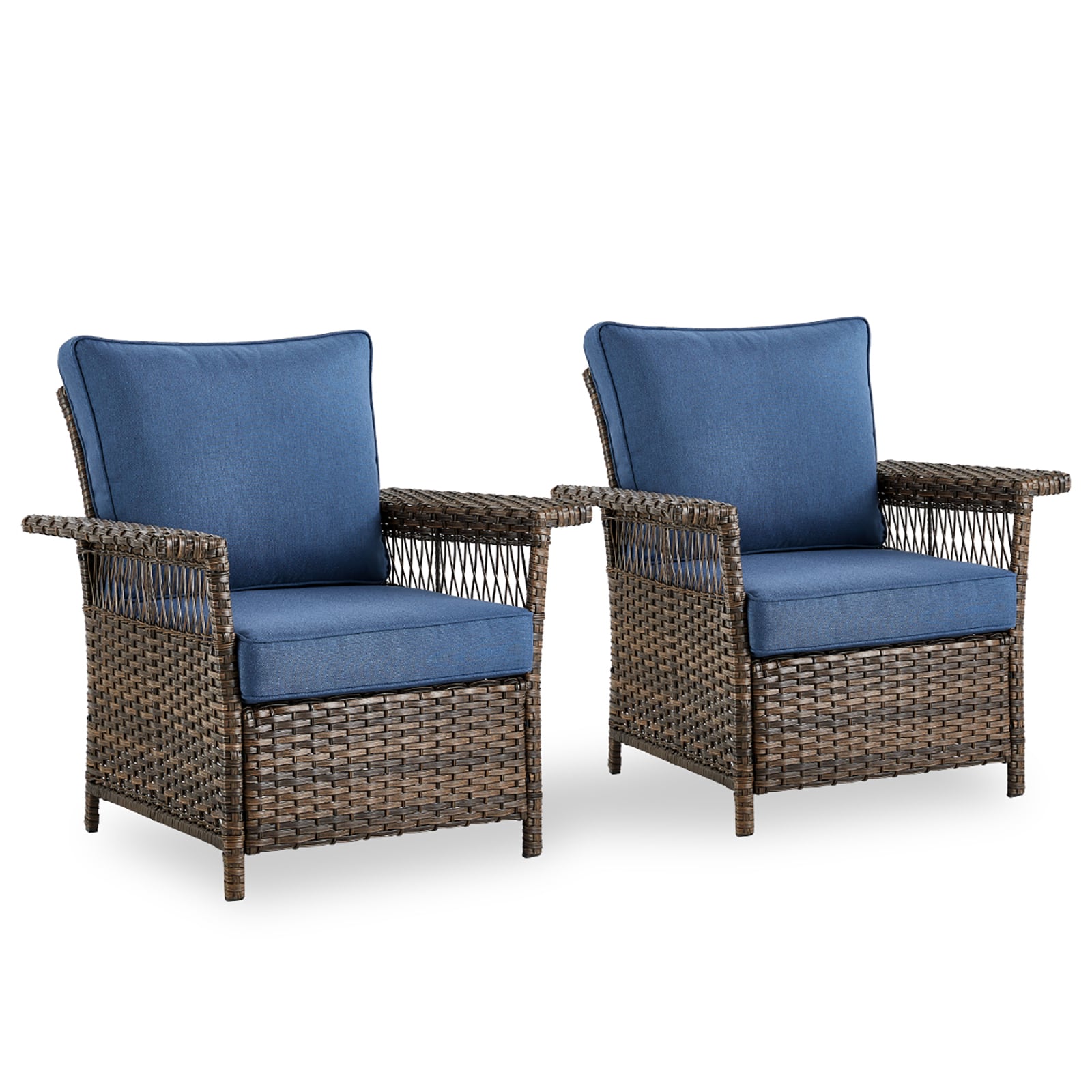 Rilyson FSSLBR11-1 Seagulls Set of 2 Wicker Brown Wicker Frame Stationary Conversation Chair with Blue Blue Cushioned Seat