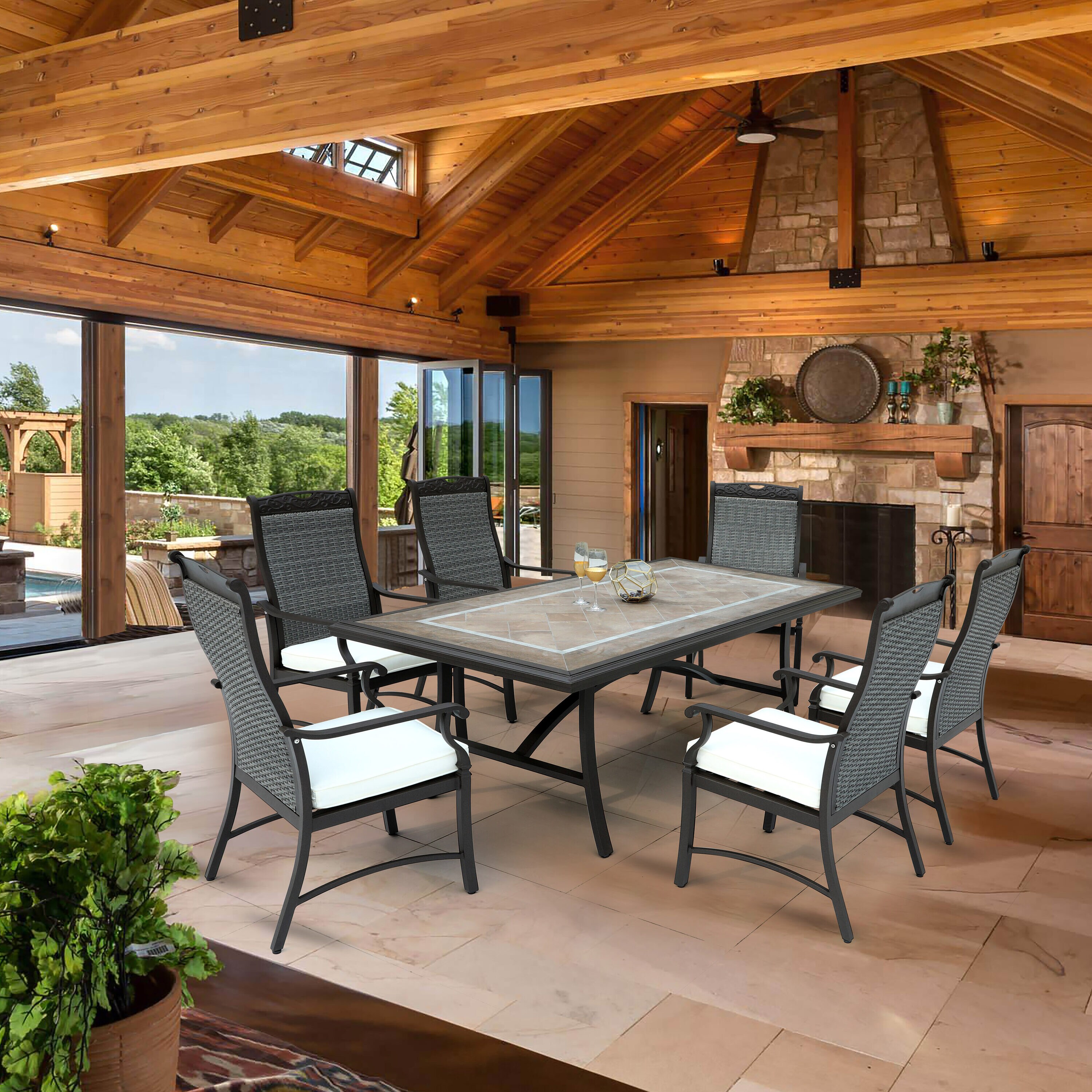 Patio time SWD011-01 7 -Piece Black Rattan Patio Dining Set Aluminum Rectangle Table with 6 Gray Cushions Stationary Chairs
