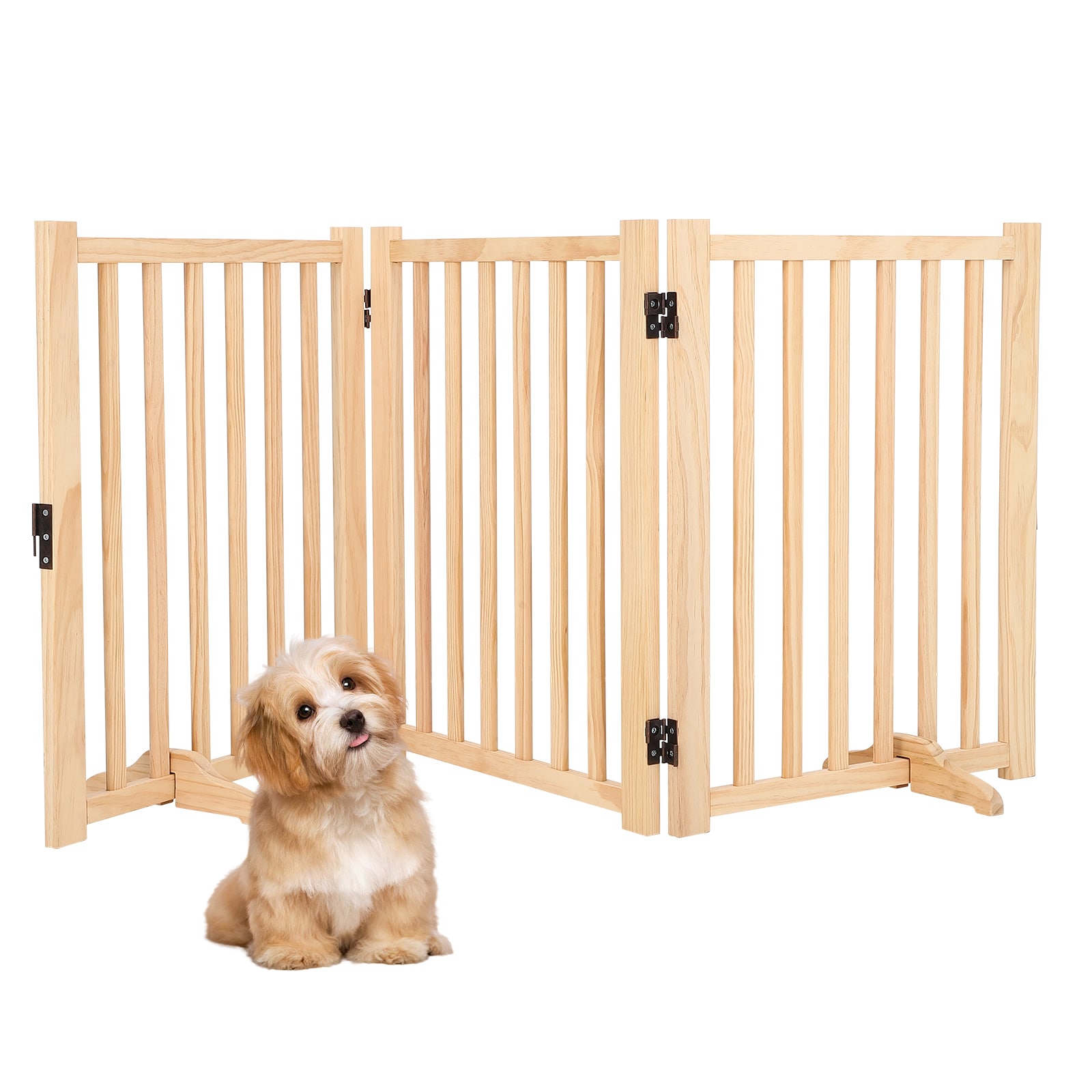 IdealHouse Freestanding Dog Gate 3 Panels 24 in Tall Collapsible Pine Pet Barrier for Indoors No Paint Extra Wide 60 in Step Over Non Slip Perfect for Doorways Stairs Hallways 3 pieces 24in x 60in