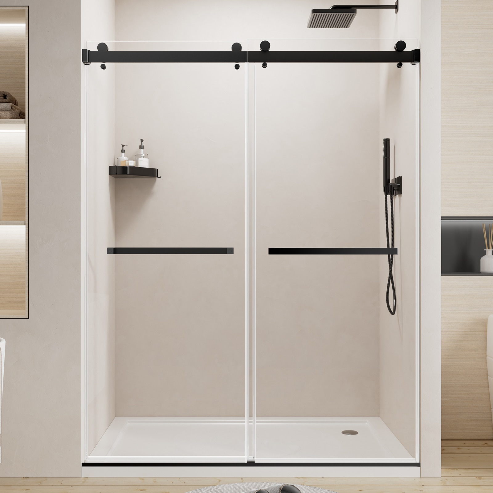 BEARSOLIM 56-in x 60-in W x 76-in H Semi-frameless Double Sliding Shower Door 1/4-in Thick Tempered Glass with Explosion-proof Film Matte Black