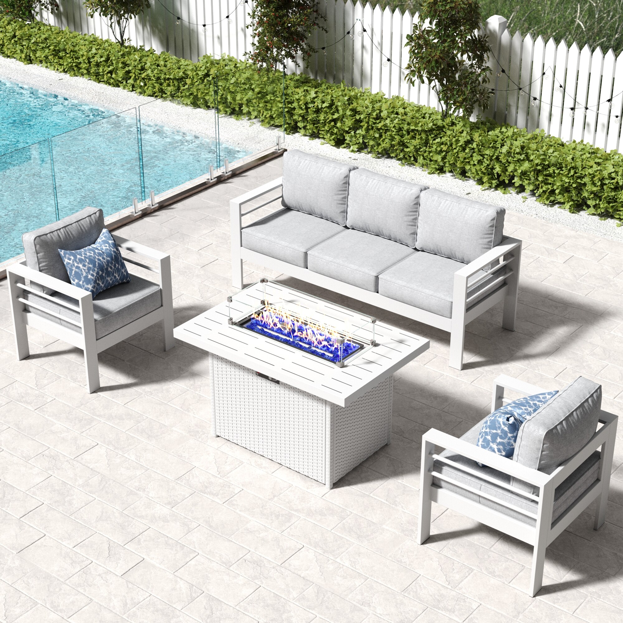 LayinSun FP5001-WH-3001 4 -Piece Outdoor Aluminum Patio Conversation Set with Fire Pit and Light Gray Cushions