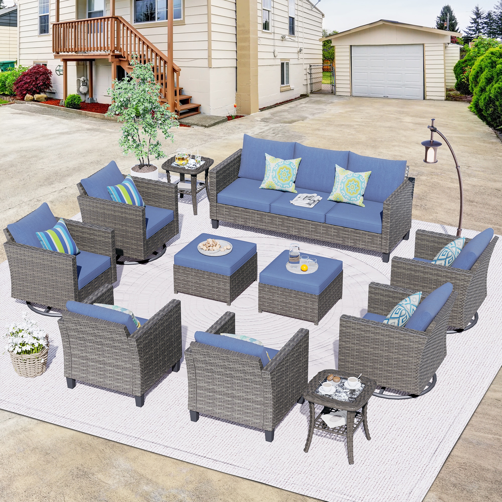 XIZZI XXSQRC30116 Lullaby 11-Piece Rattan Patio Sofa Conversation Set with Blue Cushions