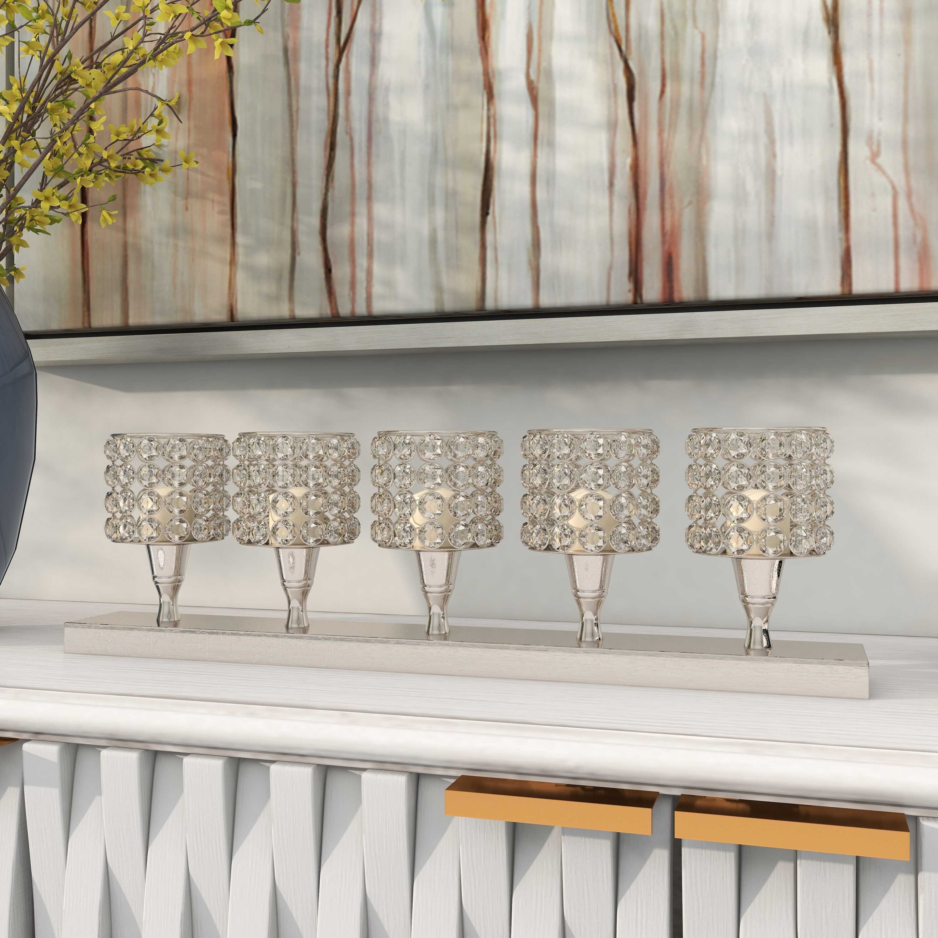 Elegant Silver Aluminum 21'' Hurricane Candelabra with Crystal Accents