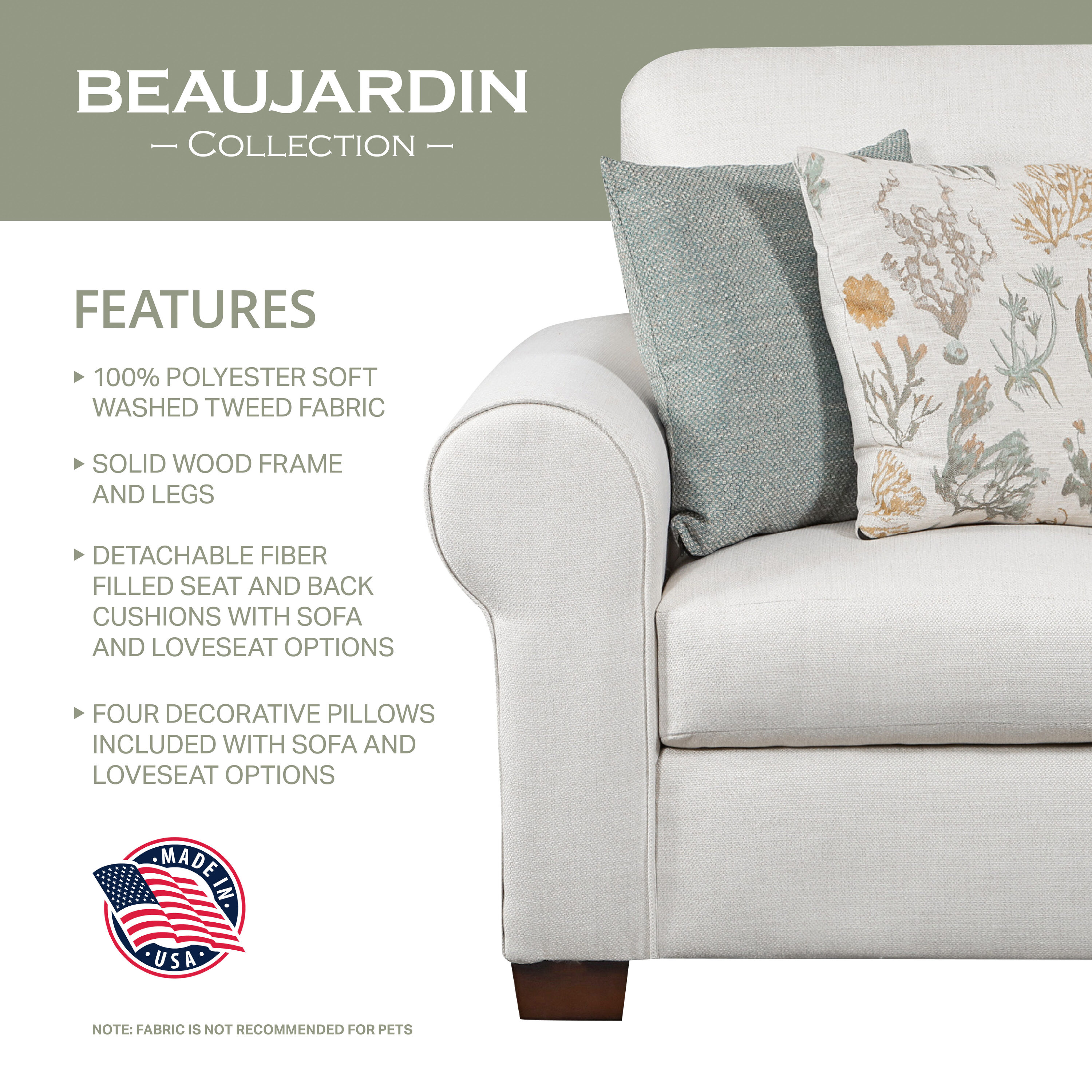 Cream Polyester Transitional 4-Piece Living Room Set