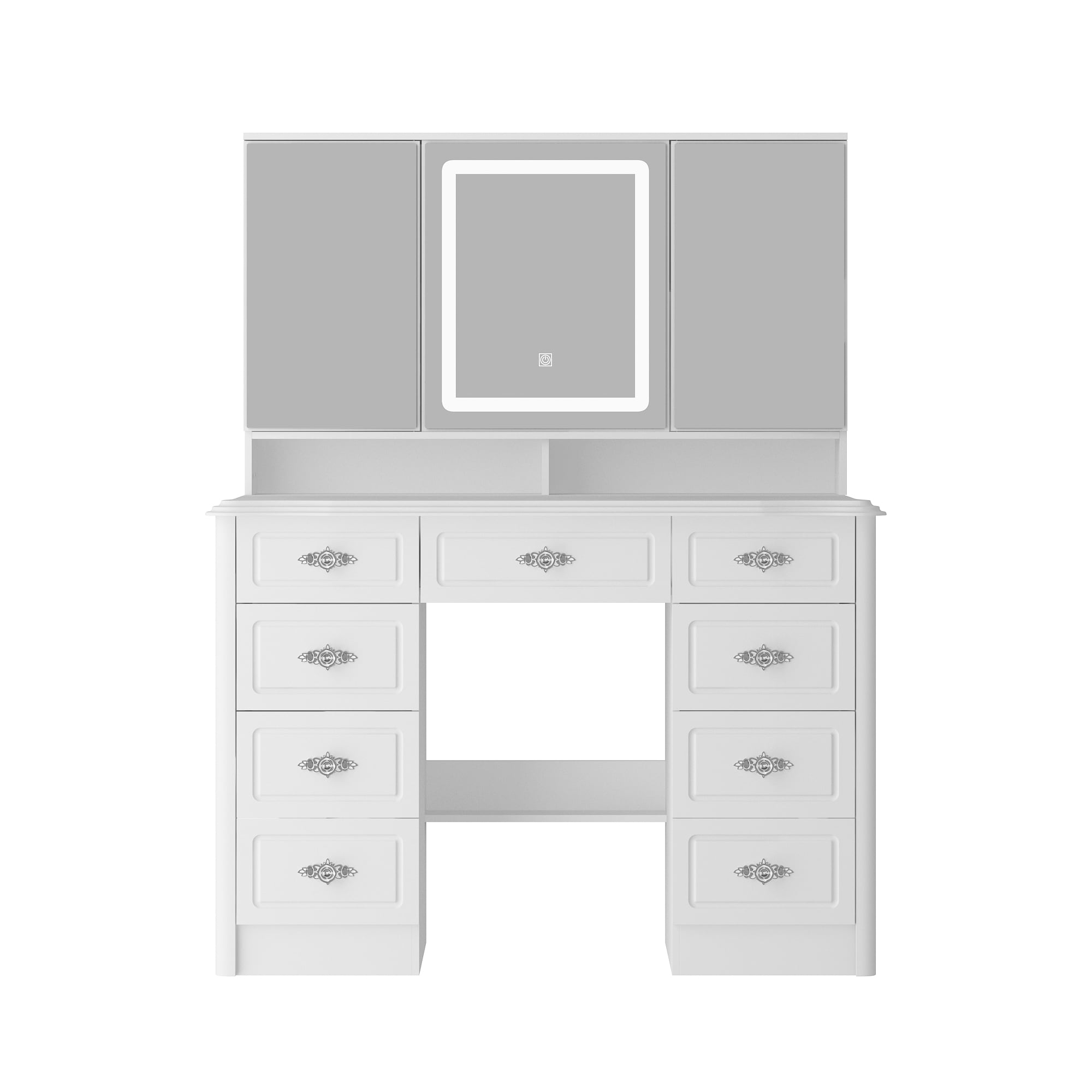  V-KF210215-02 White Makeup Vanity with Adjustable Lights Rotating Mirrors and Hidden Storage for Gifts