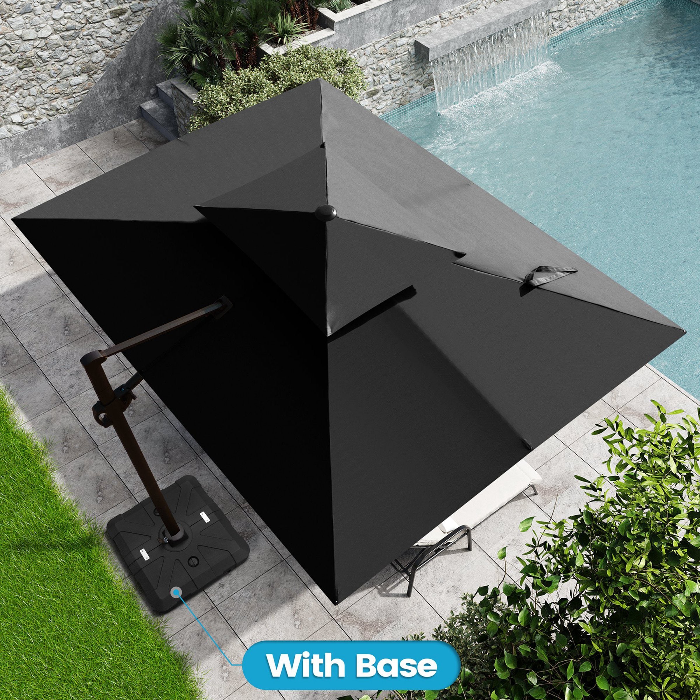 Crestlive Products CL-PU055BLK 11-ft Aluminum Black Crank Cantilever Patio Umbrella with Base