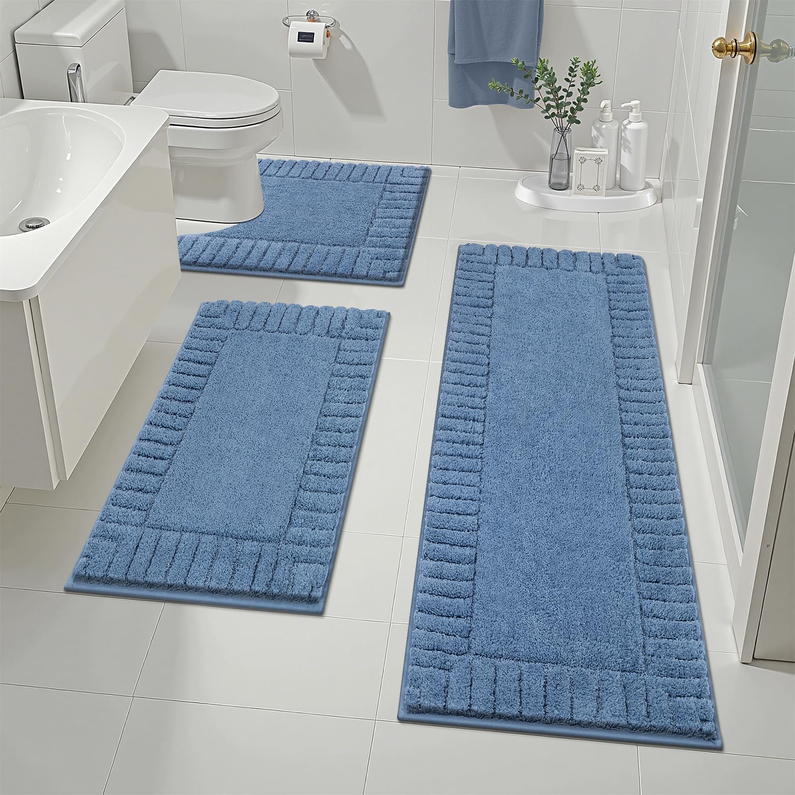 OMOMMD Bathroom Rugs Sets 3 Piece Shower U-shaped Contour Toilet Mat Absorbent Microfiber Plush Non Slip Machine Washable Shaggy Bath Mats Blue