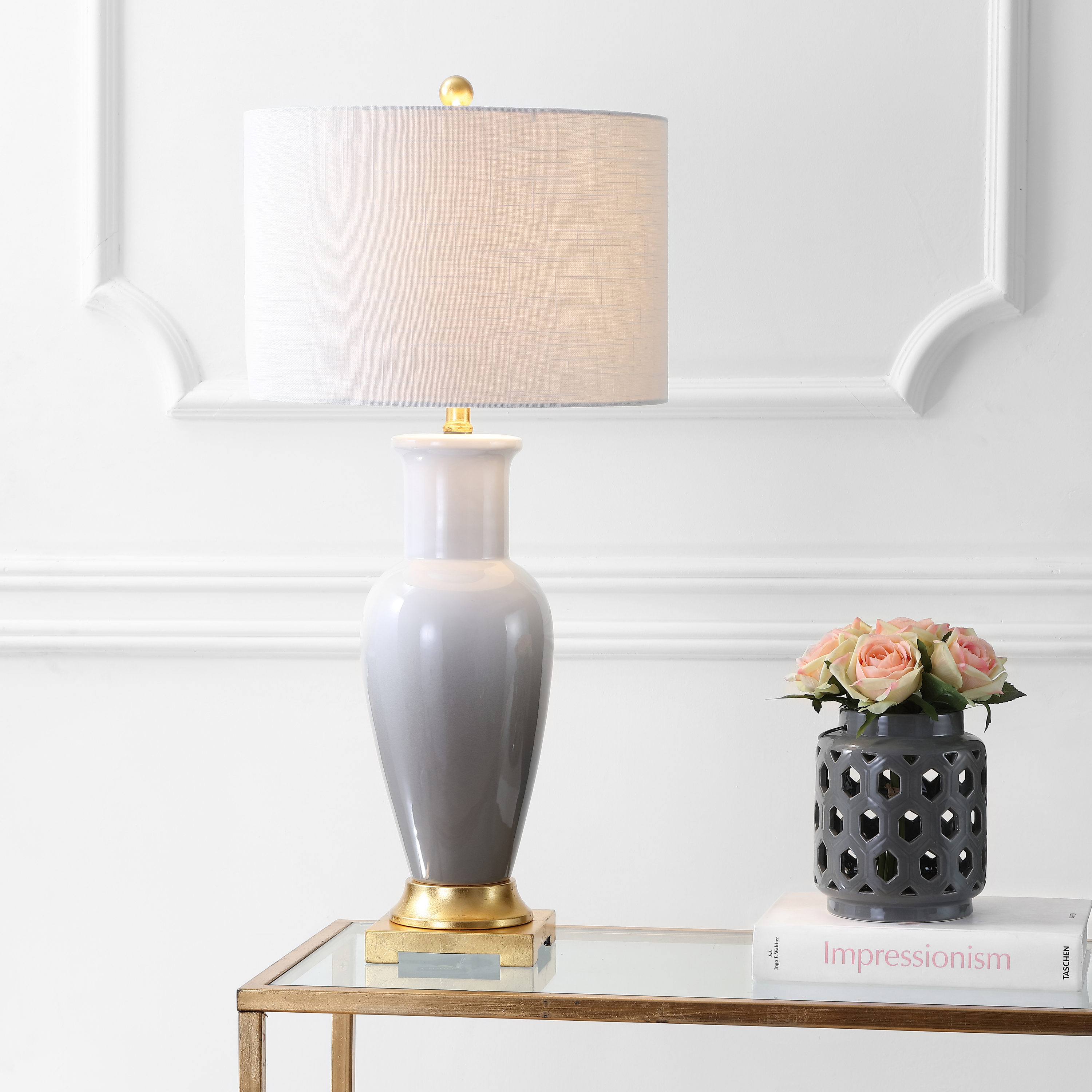 JONATHAN  Y JYL3017B Dip Dye Ceramic Transitional 31.5-in White/Gray LED Incandescent Rotary socket Table Lamp with Linen Shade