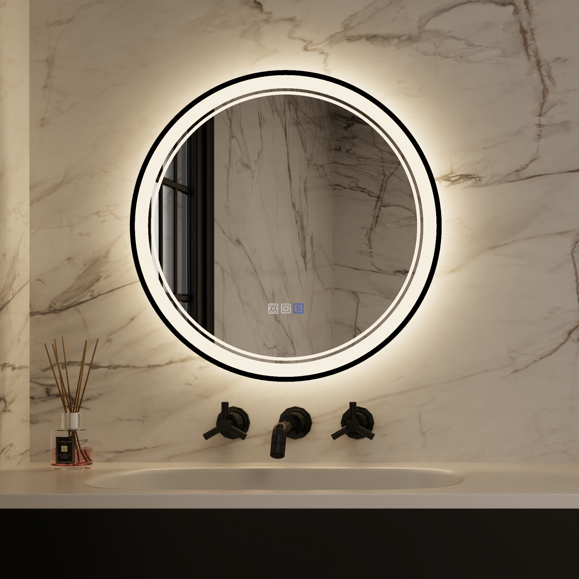 ExBrite FXBM2424BL BlackLine 24-in x 24-in Polished Frameless Round Dimmable LED Lighted Fog Free Bathroom Vanity Mirror ( White )