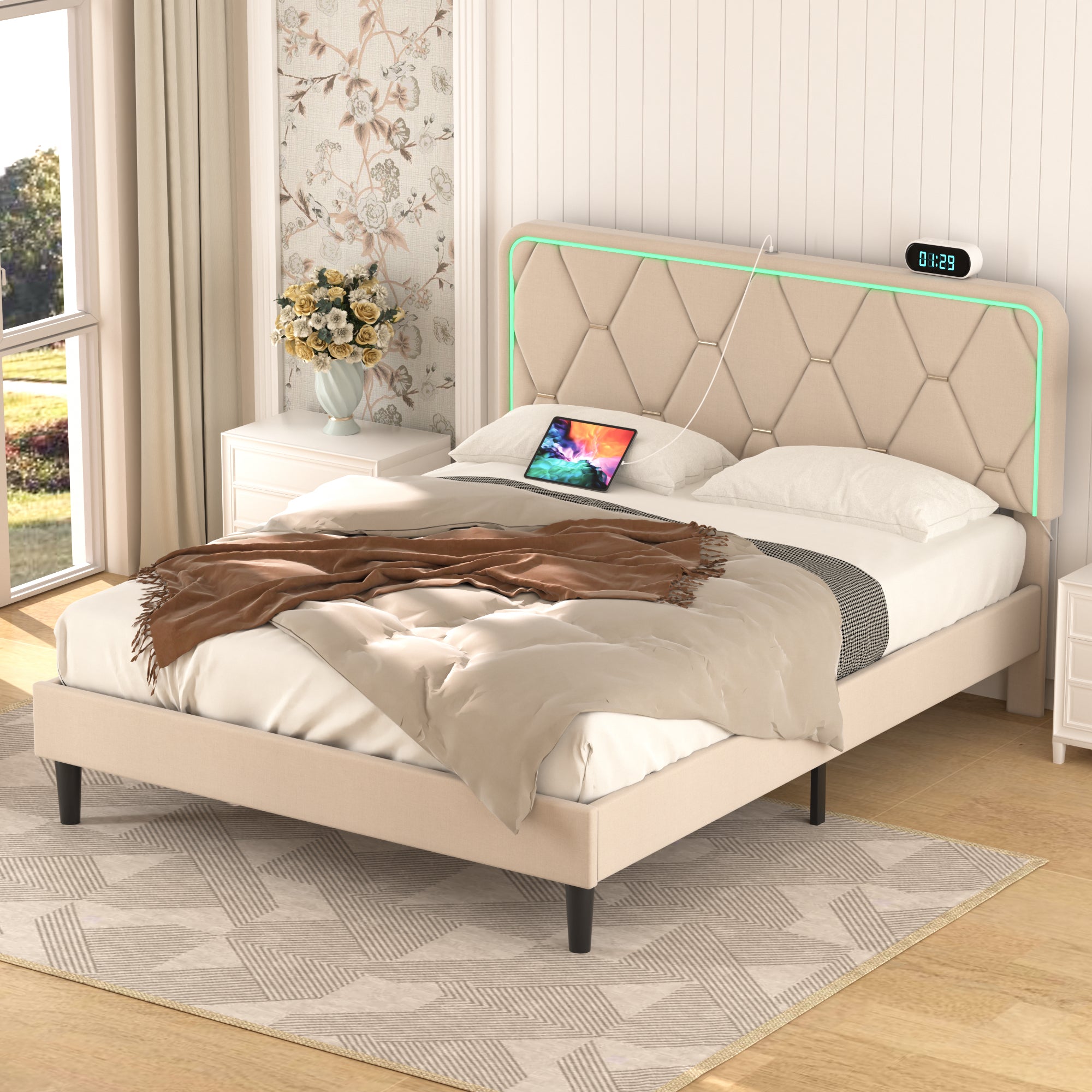 Vecelo LOE-FB11-BGE LED Upholstered Full Bed Frame with Adjustable Headboard and Charging Station Noise Free Dark Gray