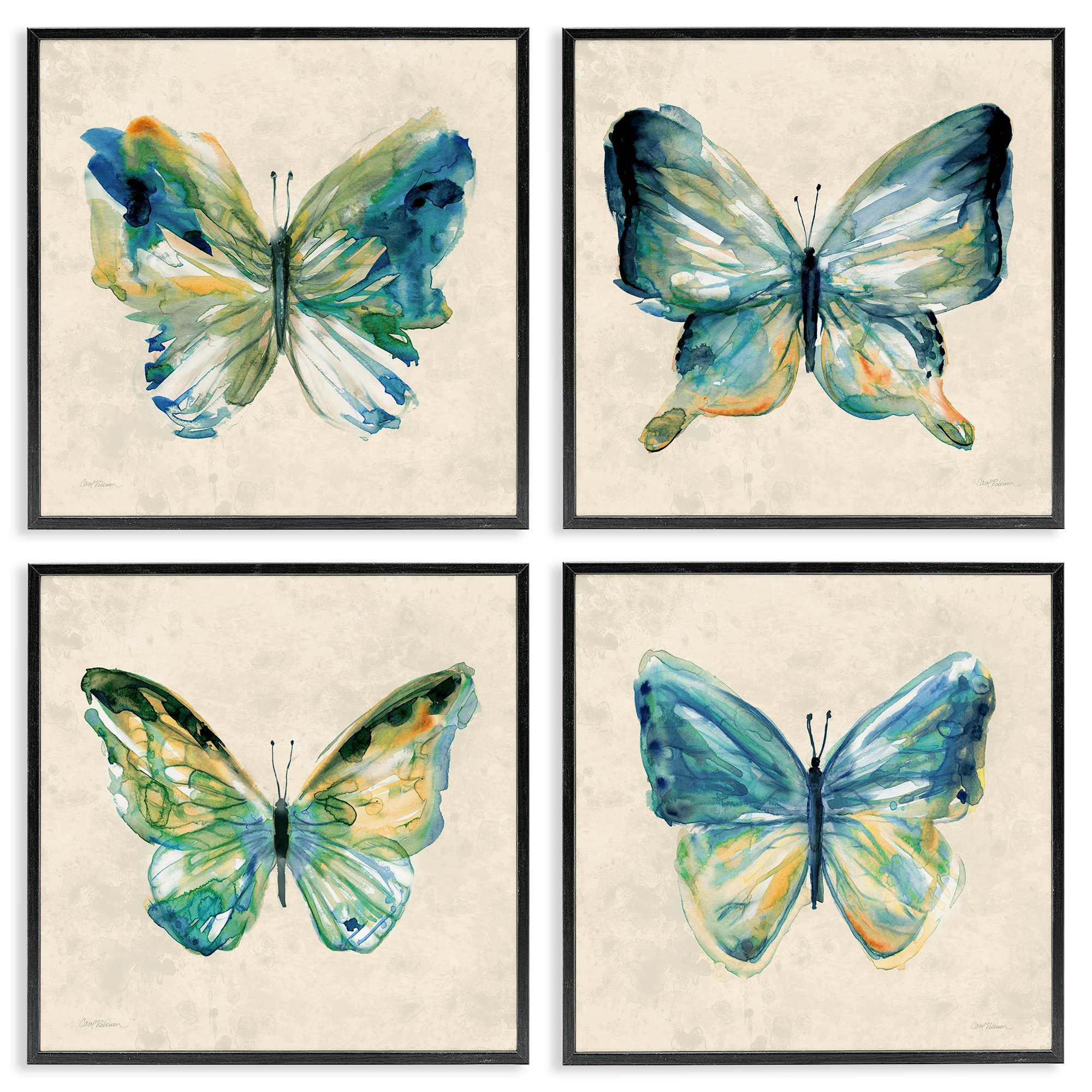 Stupell Industries A4-257-FR-4PC-12X12 Abstract Green Butterflies 4 Piece Black Framed Giclee Art Set By Carol Robinson 12 x 12