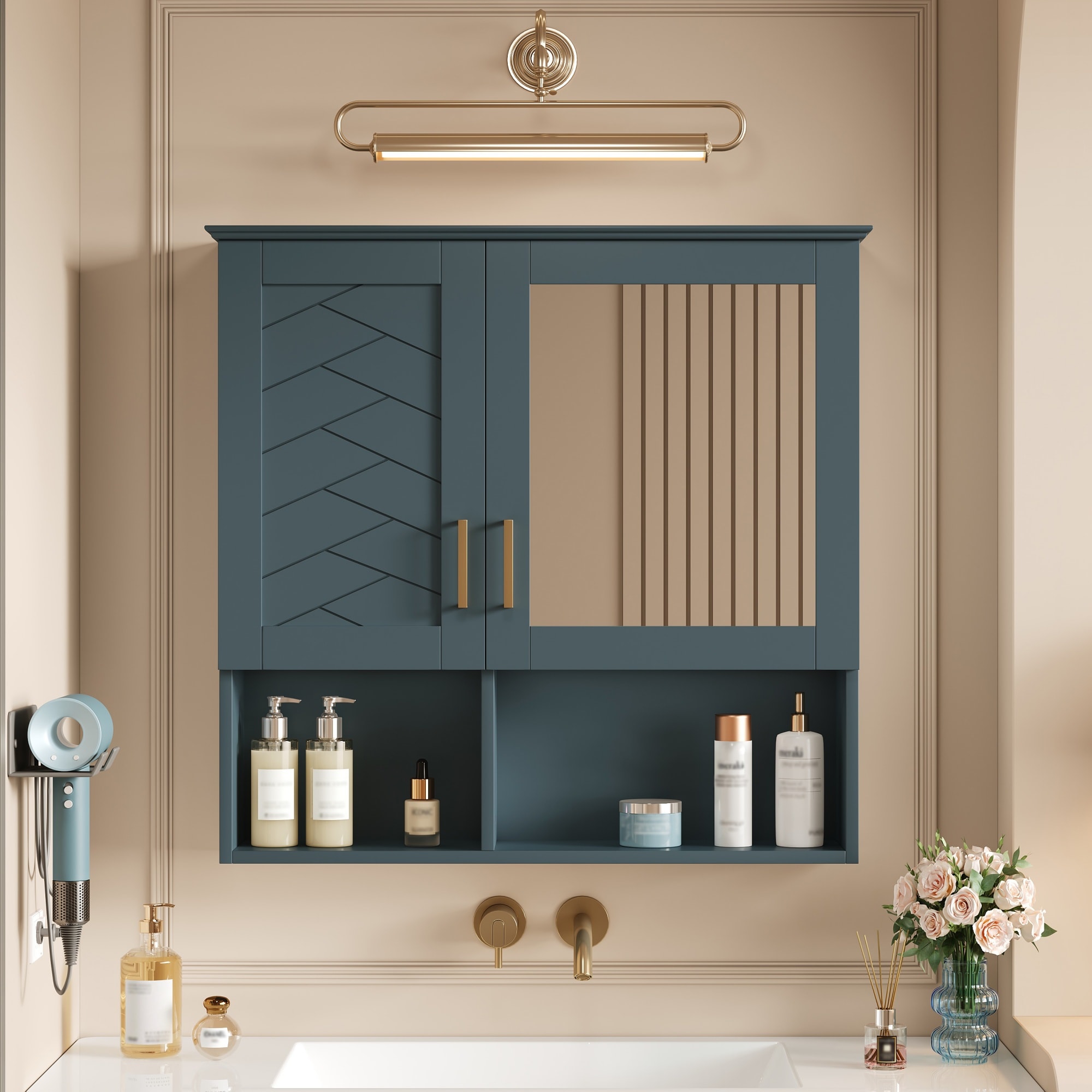 Clihome 30 inch Wall Mounted Medicine Cabinet with Adjustable Shelves Soft Close Doors 30-in x 28.7-in Framed Rectangle Bathroom Vanity Mirror ( Blue )
