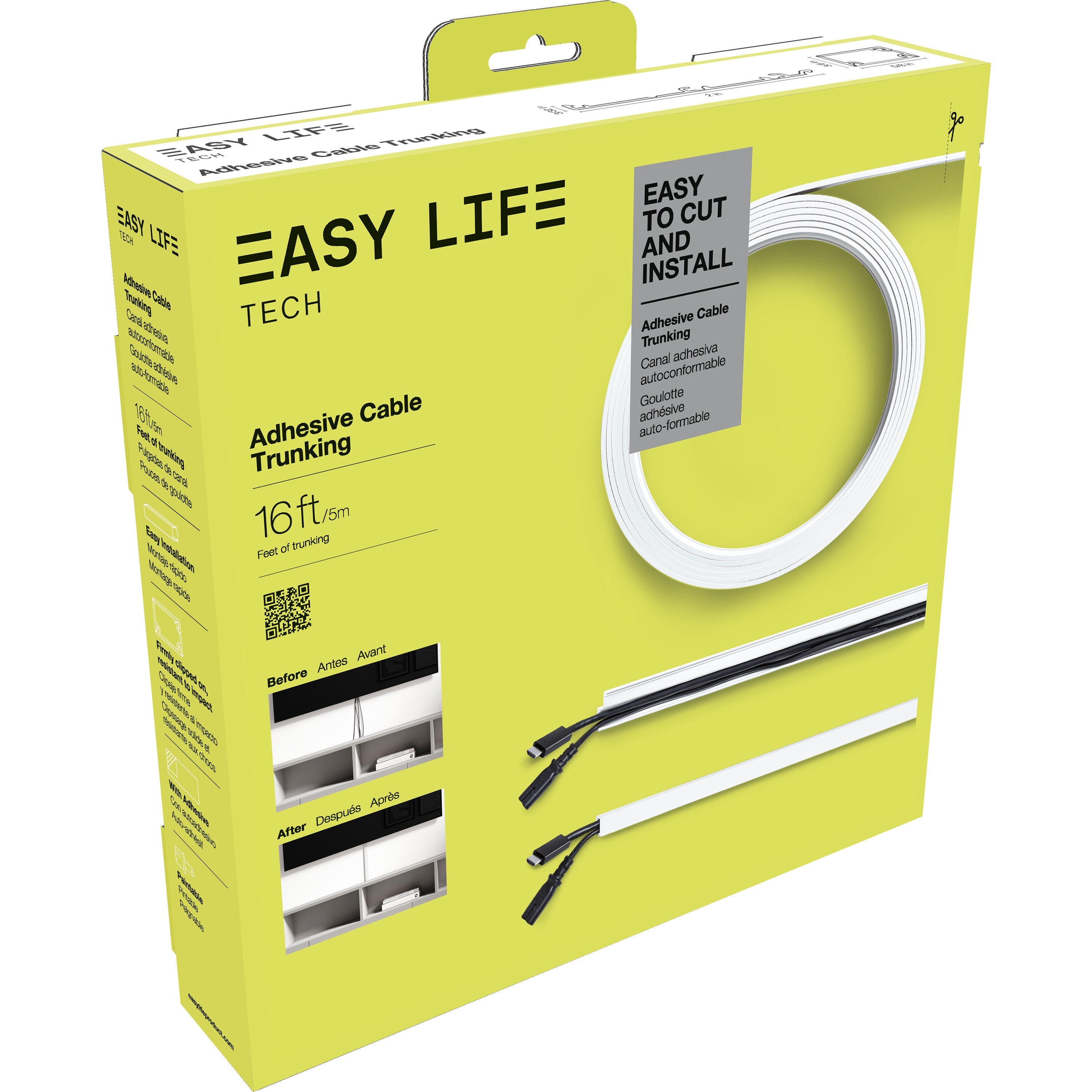 EasyLife Tech White PVC Raceway Kit - 6 Pieces, Adhesive Backing, Paintable, 16ft Cord Concealment, Easy Installation - Commercial/Residential -  71502A-EL