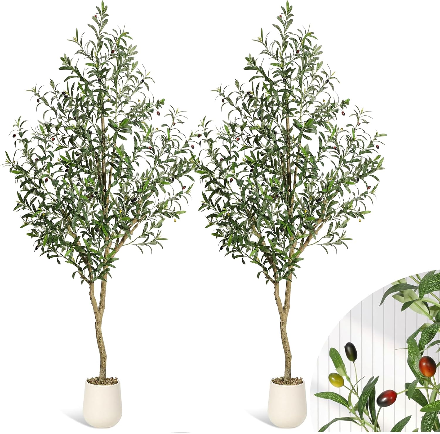 WhizMax LHFLS-PHK-33CGJM7S 7FT Faux Olive Tree Tall,Olive Trees Artificia Indoor with White Planter and Green Moss, Fake UV Resistant Artificial Tree,for Home Office Living Room Bedroom Stairs Foyer Decor, 2PCS