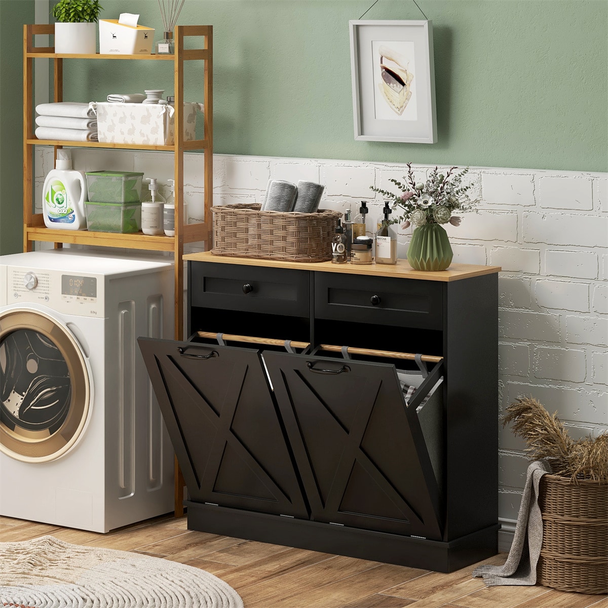 GlasFlength  39.4 Inch Freestanding Storage Cabinet with 2 Drawers and Tilt-Out Doors Utility Storage Cabinets Floor Cabinet for Bathroom Entryway Black