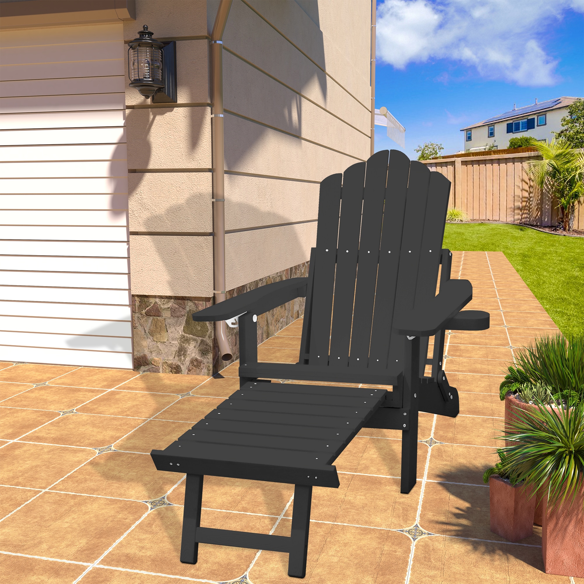 Mondawe MO-ZD21-BL Black HDPE Frame Stationary Recliner Chair with Slat Seat