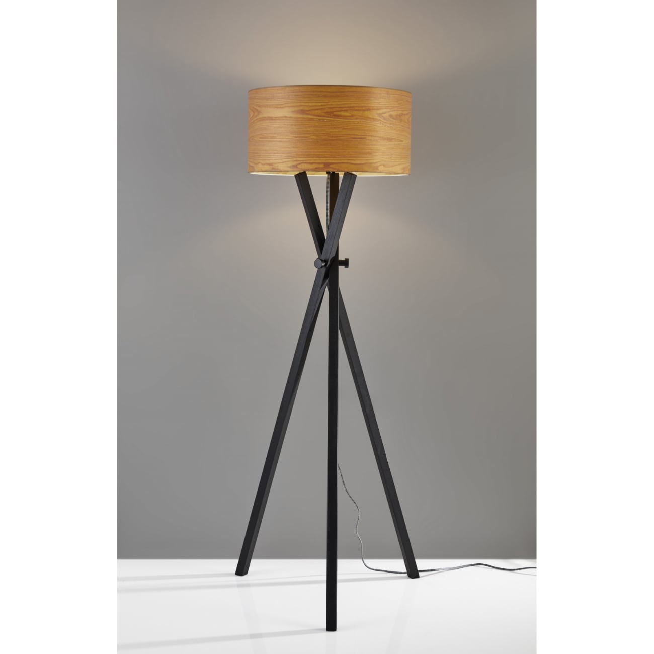 HomeRoots Architectonic Black Wood Tripod Floor Lamp with Wood Grain Shade in the Floor Lamps department at Lowes.com