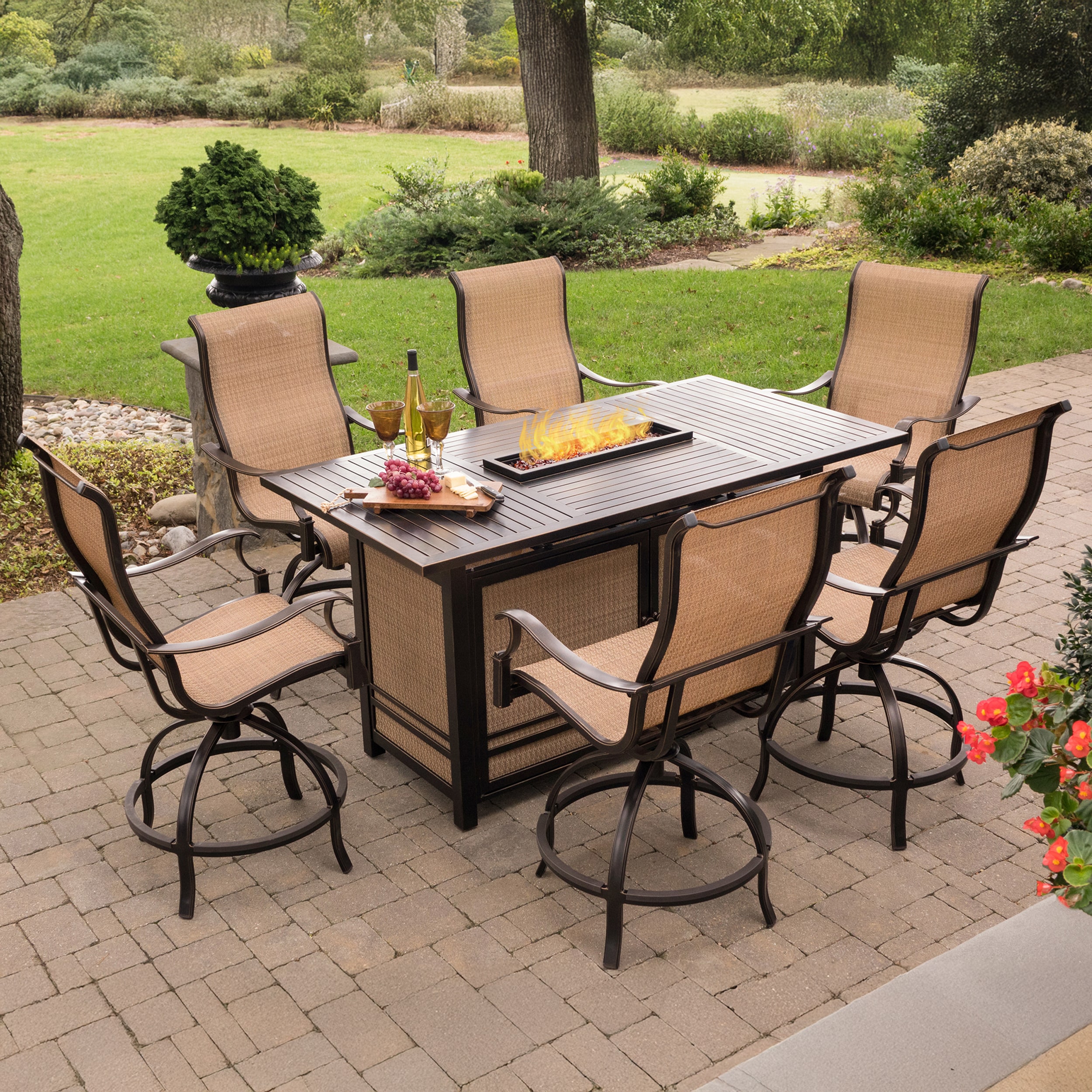 Hanover MONDN7PCFP-BR Monaco 7 -Piece Bronze Bar Height Patio Dining Set Aluminum Rectangle Table with 6 Tan Swivel Chairs