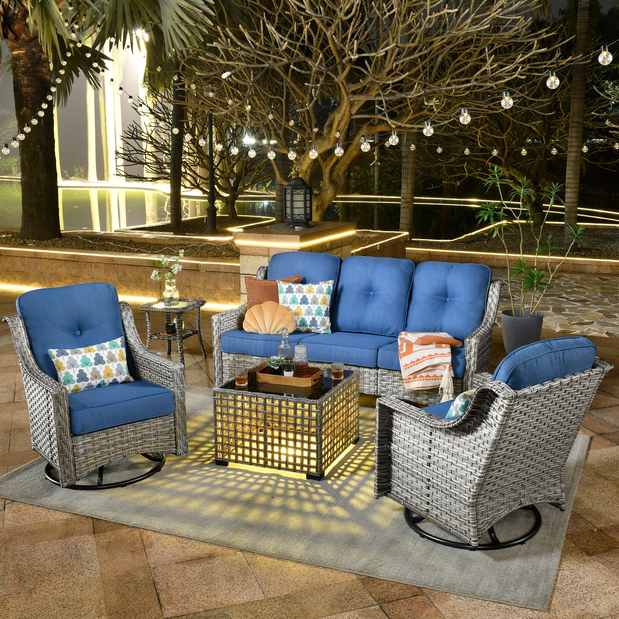 Ovios PD505Y 5 -Piece Wicker Patio Sofa Conversation Set with Blue Cushions