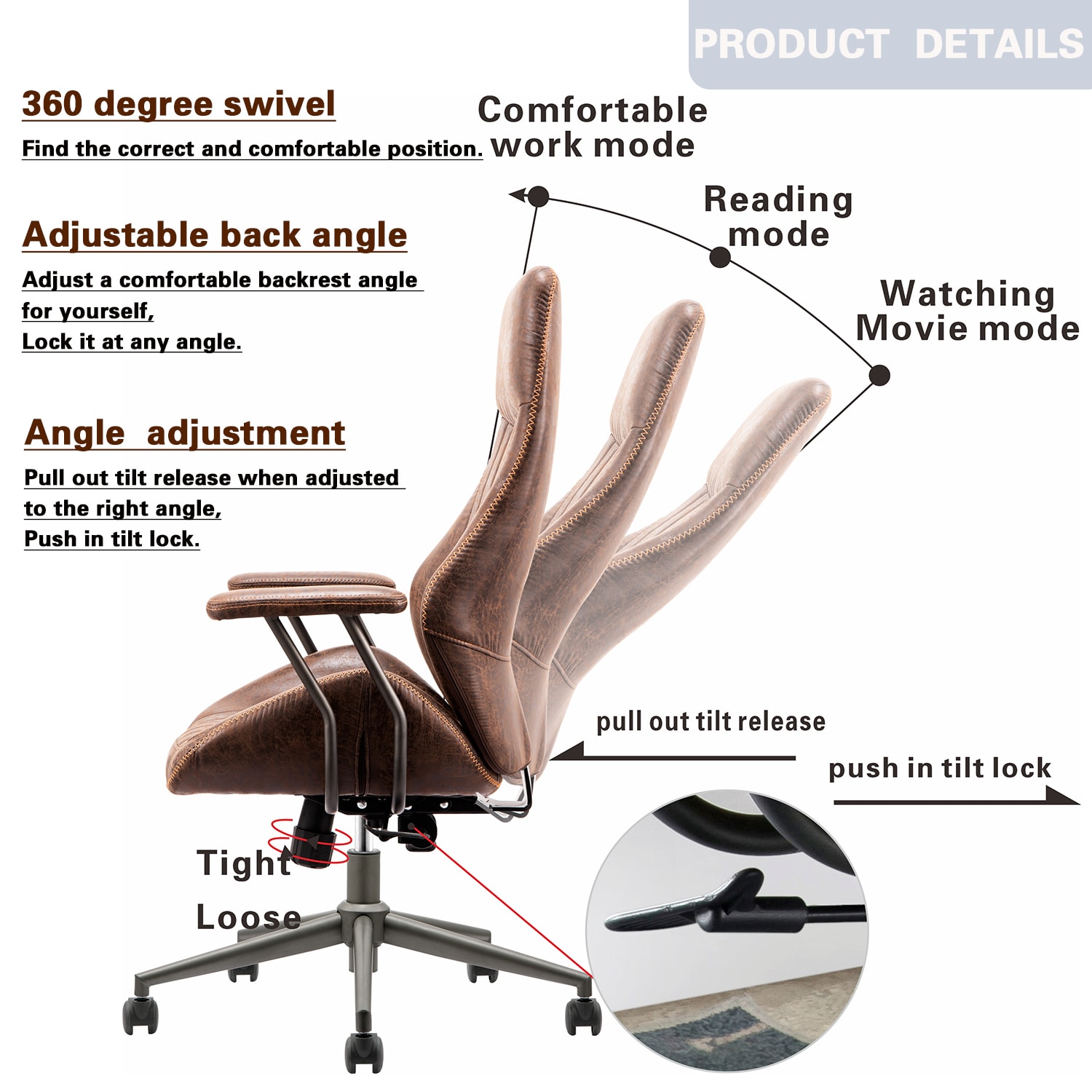 XIZZI Dark Brown Office Chair Traditional Ergonomic Adjustable Height ...
