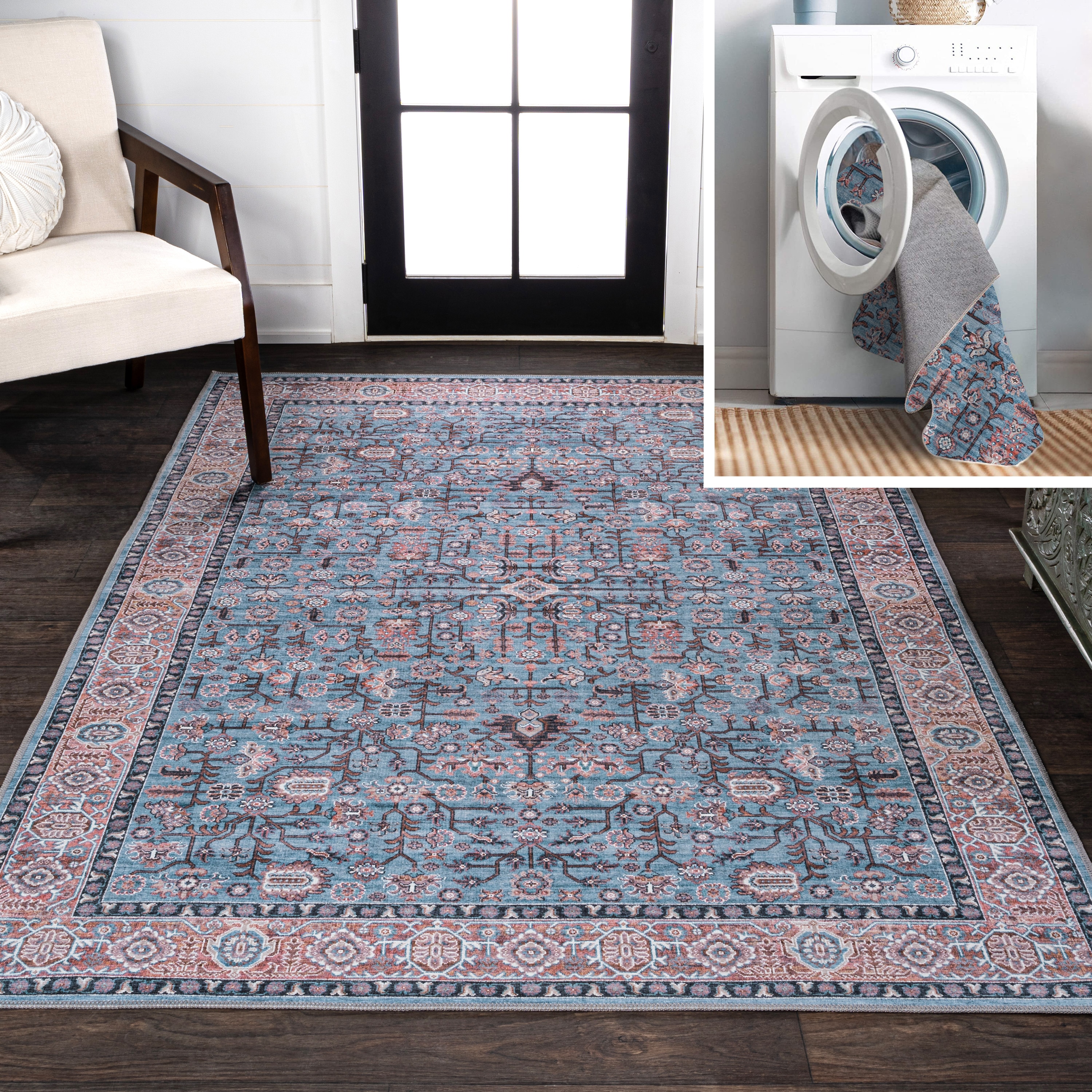 Persian-Inspired Blue and Red Chenille Washable Area Rug