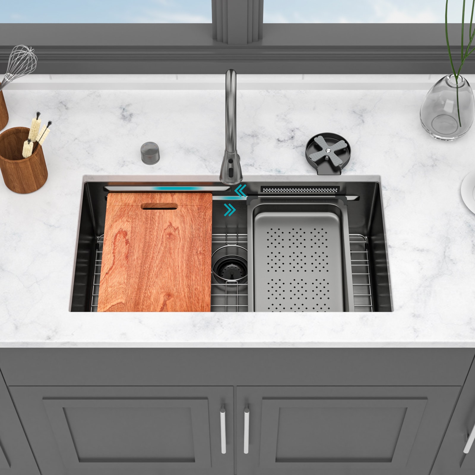 LOVMOR 33in Undermount Waterfall Gunmetal Black Kitchen Sink 33x16.72x10 inch Single Bowl 16 Gauge Stainless Steel Ledge Workstation Kitchen Sinks with PullDown Faucet and Cup Washer