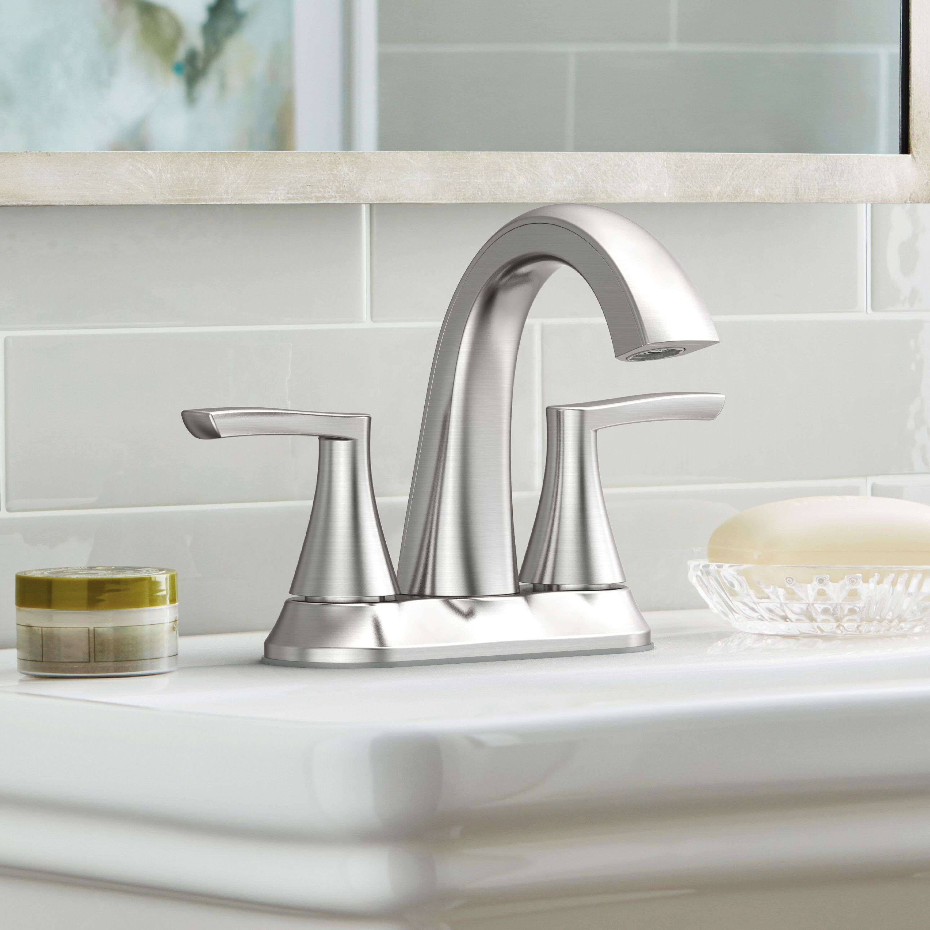Project Source 67123W-6304 Brushed Nickel 4-in centerset 2-handle WaterSense Mid-arc Residential Handle Bathroom Sink Faucet with Drain with Deck Plate