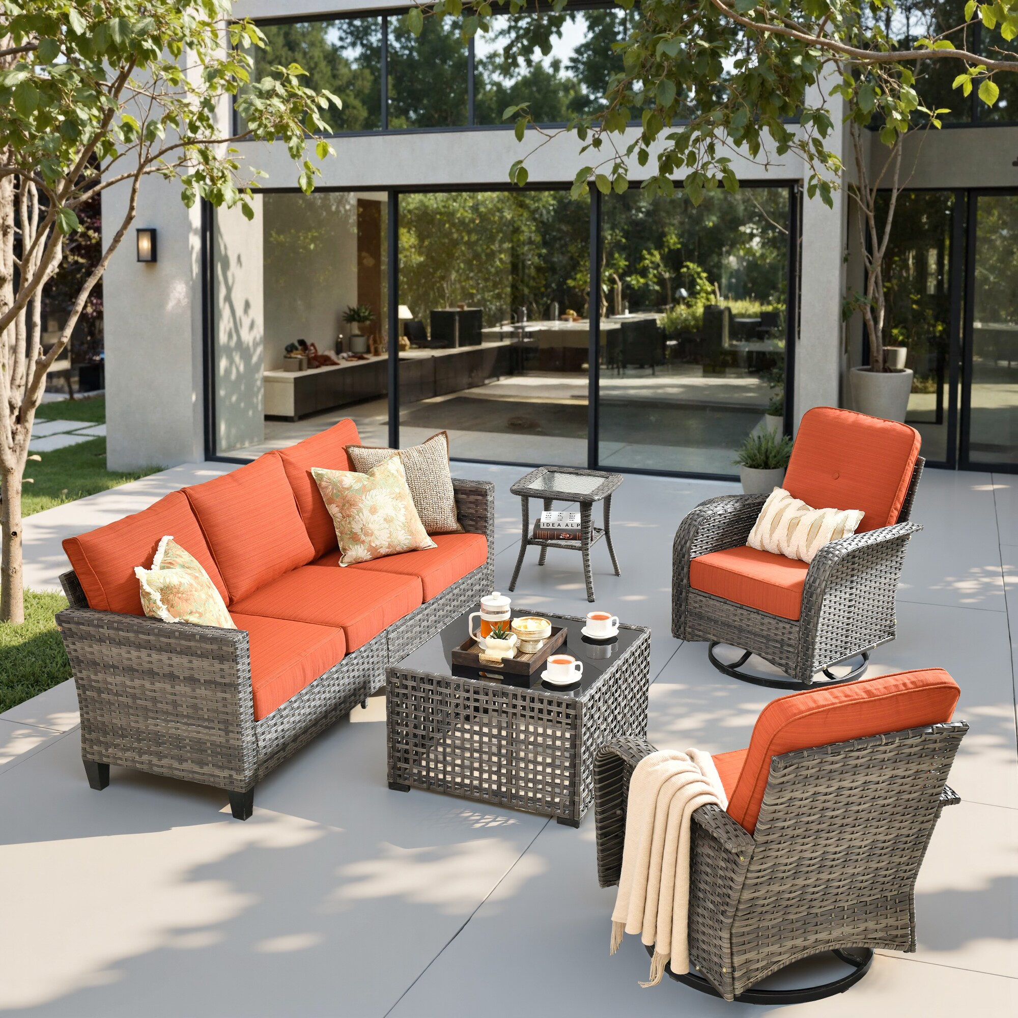 weaxty HMBYZGNCNGRS800S51 Initial 5 -Piece Wicker Patio Sofa Conversation Set with Orange Cushions