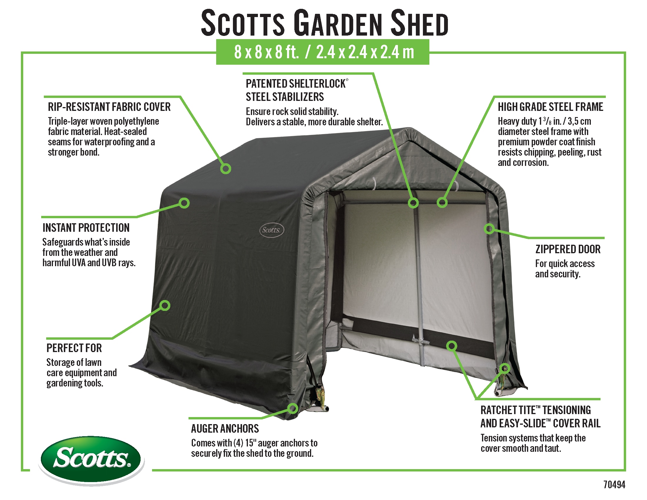 Scotts 8' x 8' Green All-Season Outdoor Storage Shed