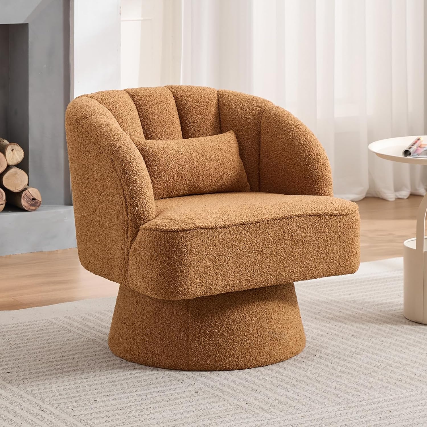 Qeetex PHK-347BKNHA-HNN Brown Teddy Fabric Lounge Chair with Striped Backrest and Upholstered Plush Padding for Living Room and Bedroom