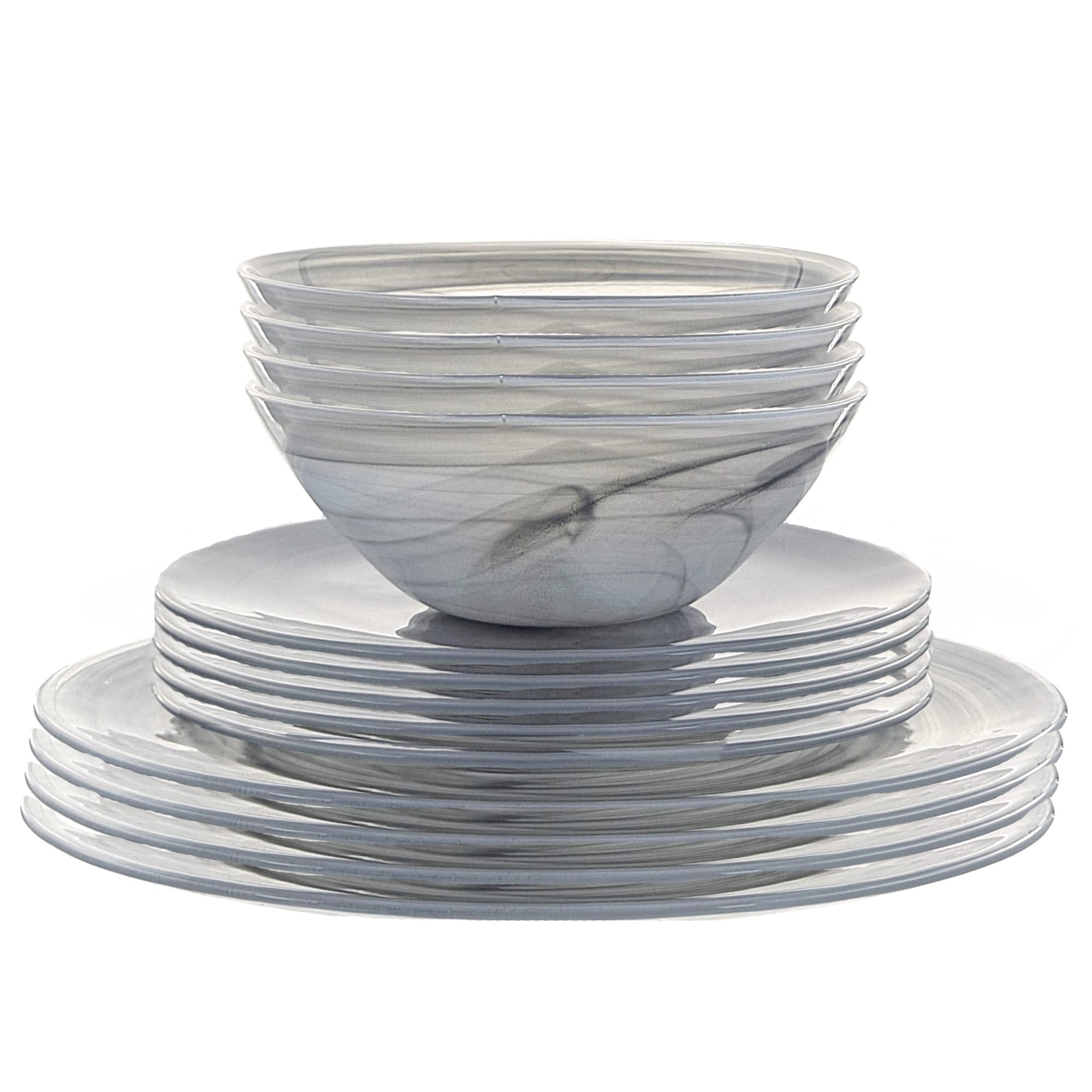 Slickblue 12-Piece Graphite Glass Dinnerware Plate and Bowl Set with Textured Swirl Finish for Party Buffets