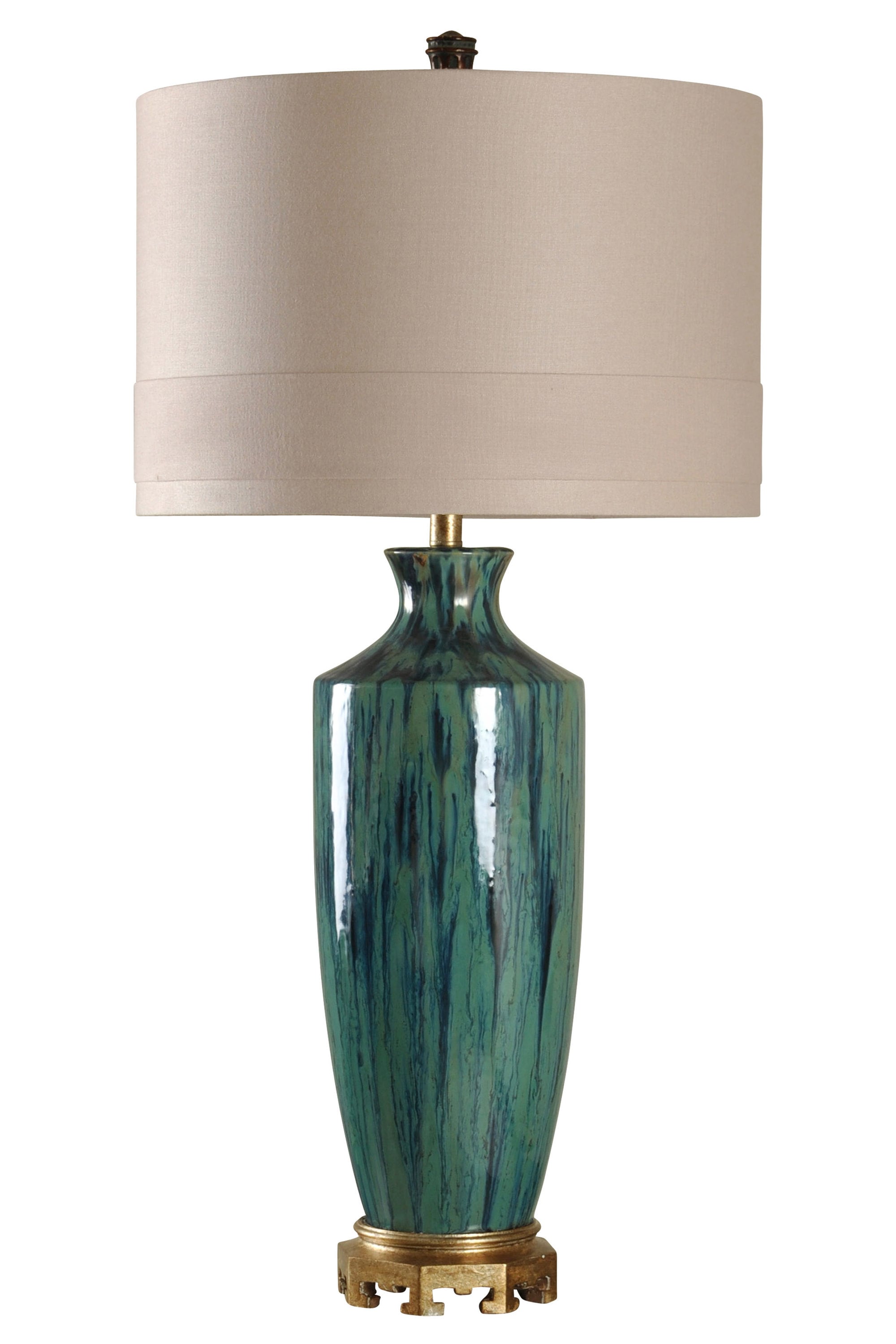 StyleCraft Home Collection L39110DS 38-in Blue Glaze, Gold Table Lamp with Fabric Shade