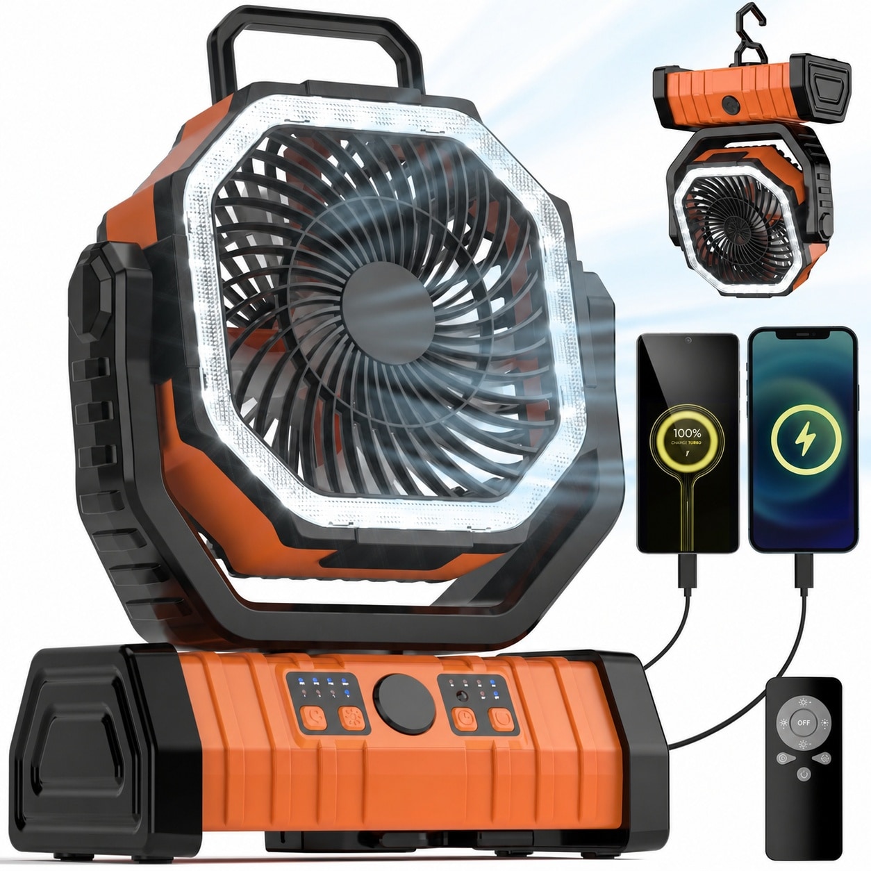 Phewnyzo  Portable Camping Fan with LED Lantern Remote Control 4 Speeds Hanging Hook USB Charging for Tent Outdoor or Home Use