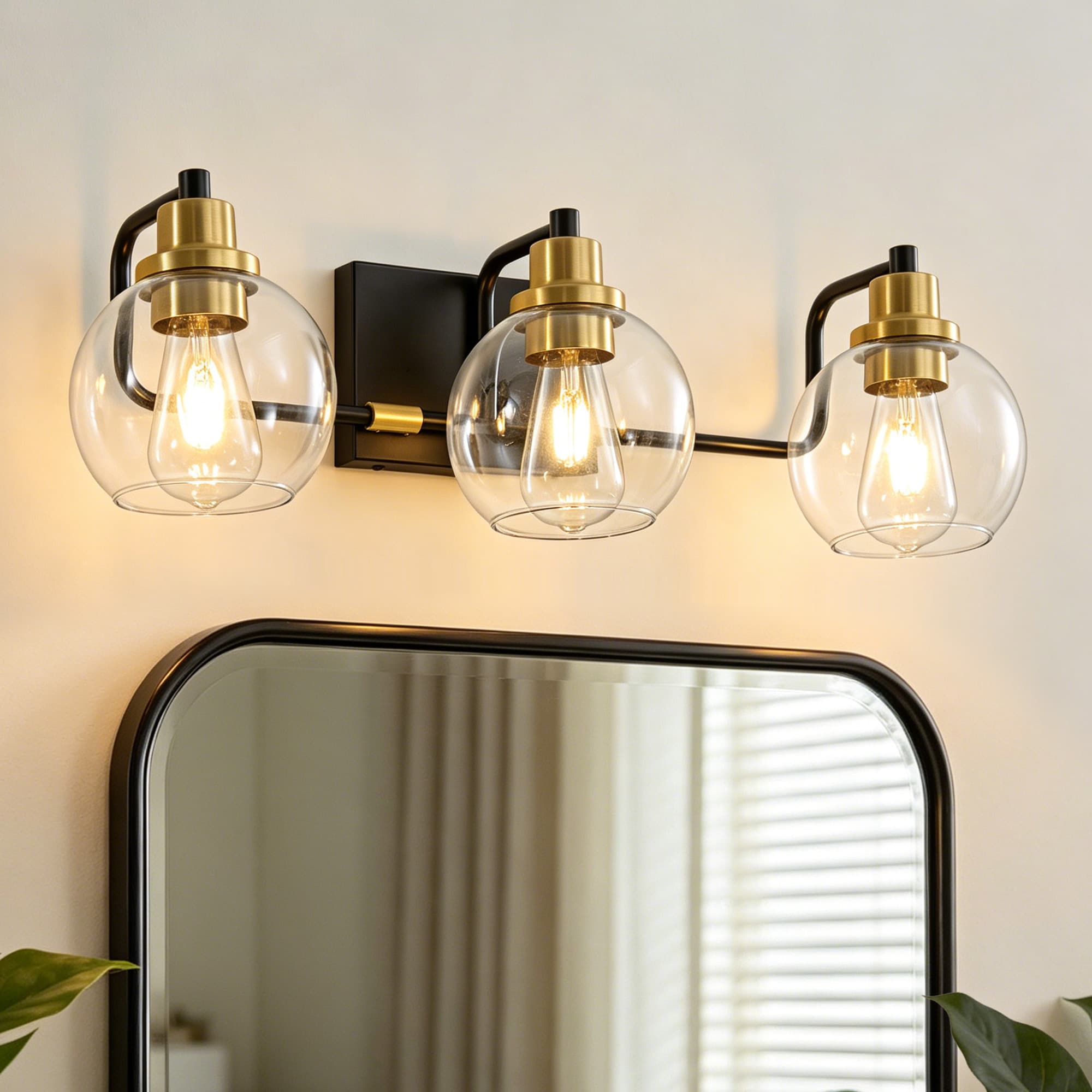 Lanmate  3 Light Black Gold Bathroom Vanity Light Fixture with Clear Globe Glass Shades for Over Mirror Farmhouse Decor 25.19-in