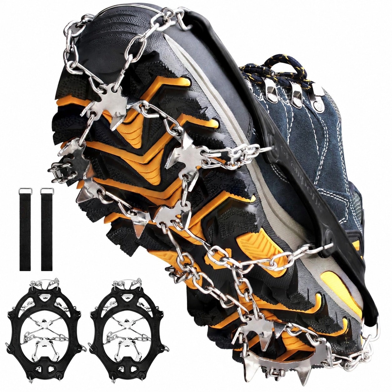 JOWEI  Crampons Ice Cleats Traction Snow Grips with 19 Stainless Steel Spikes for Boots Shoes Men Women Hiking Fishing Walking Climbing