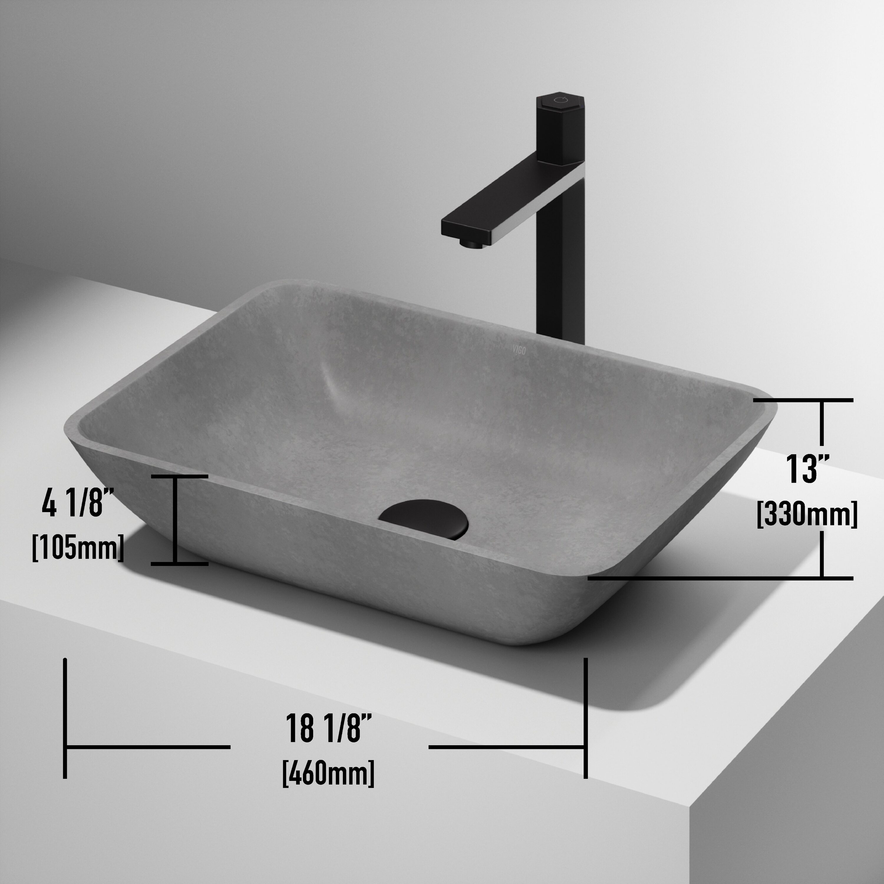 Gray Concrete Rectangular Vessel Bathroom Sink