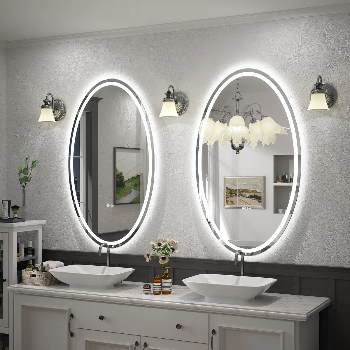 Blisstyle - Set of 2 Anti- Fog Tempered Glass Dimmable 40-in x 24-in Polished Frameless Oval Dimm...