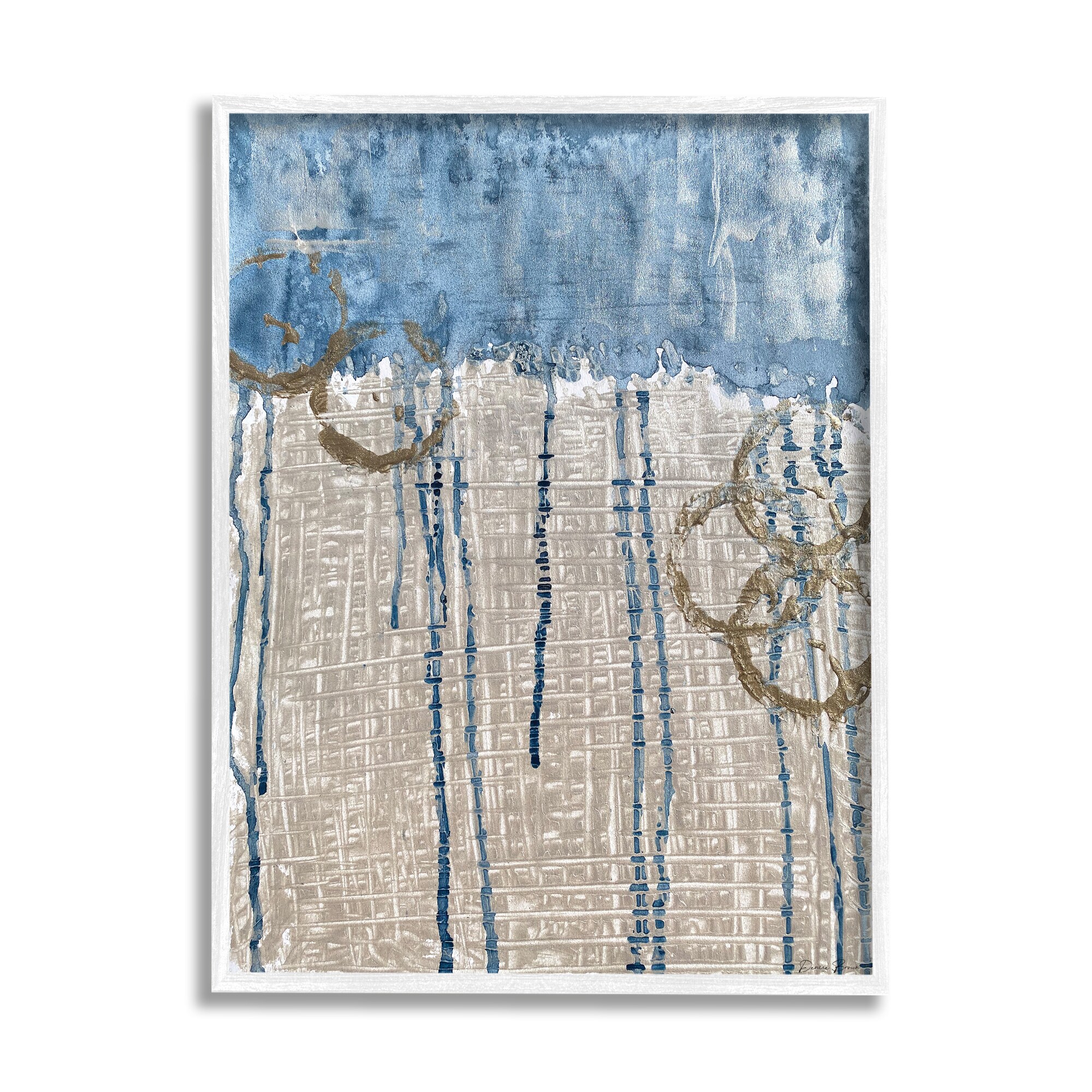 Stupell Industries AE-683-WFR-11X14 Abstract Blue Dripping Over Whicker Style Grid Denise Brown Framed 14-in H x 11-in W Abstract Print