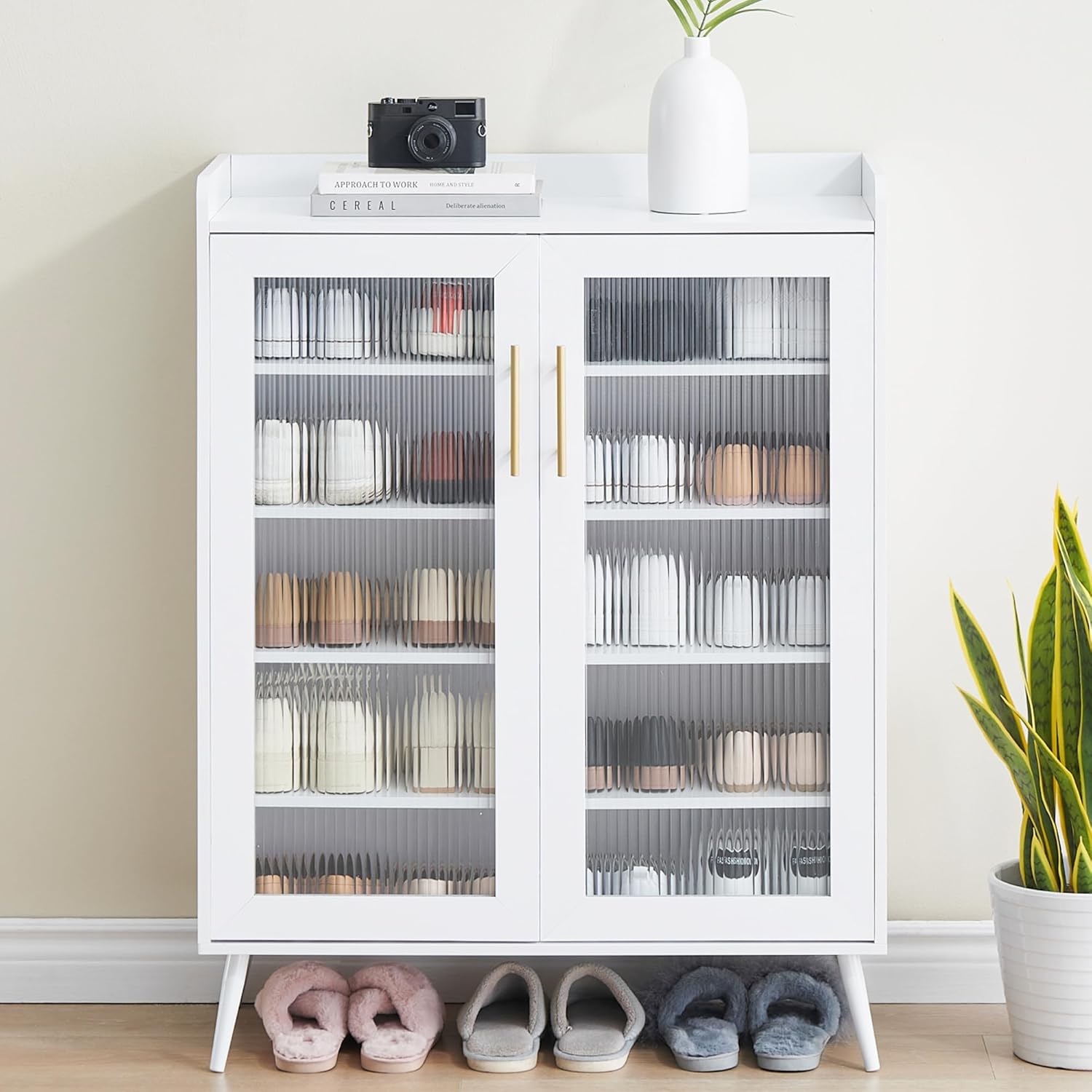 Qeetex LHF-DYQ-PHO-11JQ4FP5 GarveeHome 5 Tier Shoe Cabinet with Glass Doors  Entryway Shoe Organizer with Adjustable Shelves  Spacious Storage for Hallway Living Room