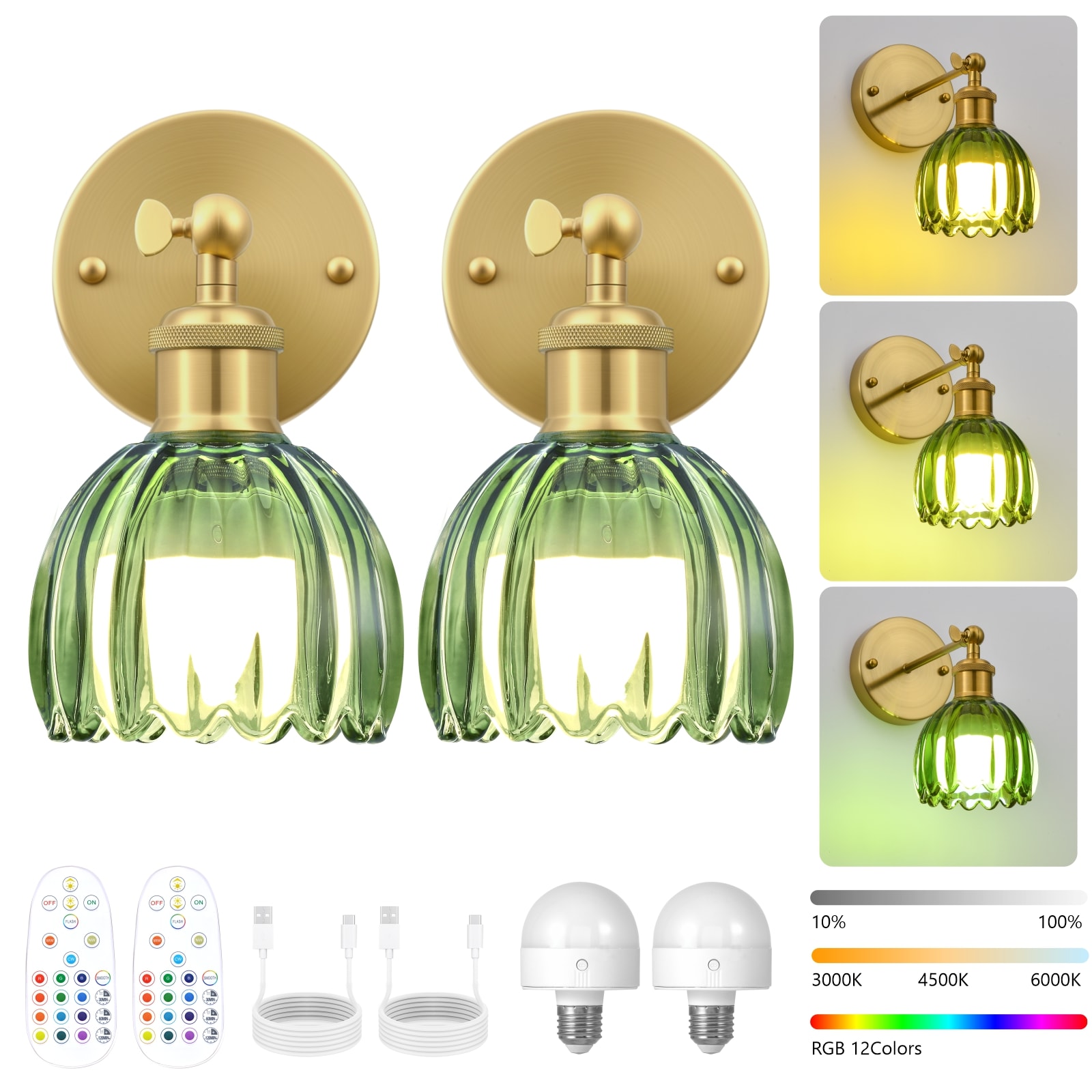 DAKAFUL 2 -Pack Vintage Battery Operated Wall Sconce with Tulip Glass Lampshade USB Rechargeable Battery Powered Wall Light for Bedside Bedroom Doorway Living Room