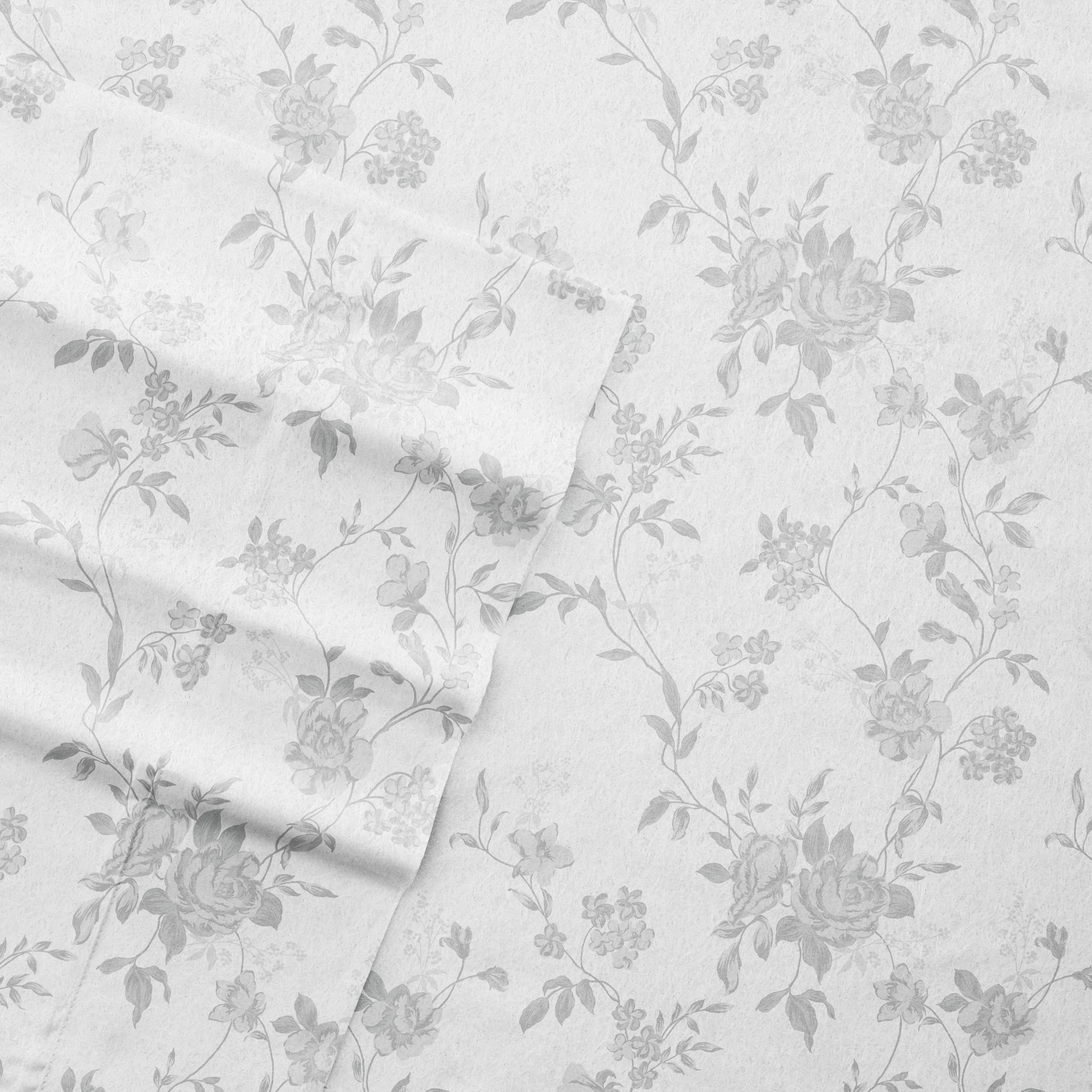 Gray Floral Cotton Flannel Queen Deep Pocket Sheet Set