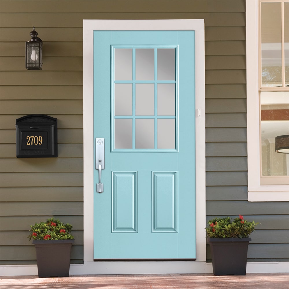 Masonite 1218768 36-in x 80-in x 4-9/16-in Fiberglass Half lite Right-hand inswing Caribbean Blue Painted Prehung Front Door with Brickmould Insulating core with Grilles
