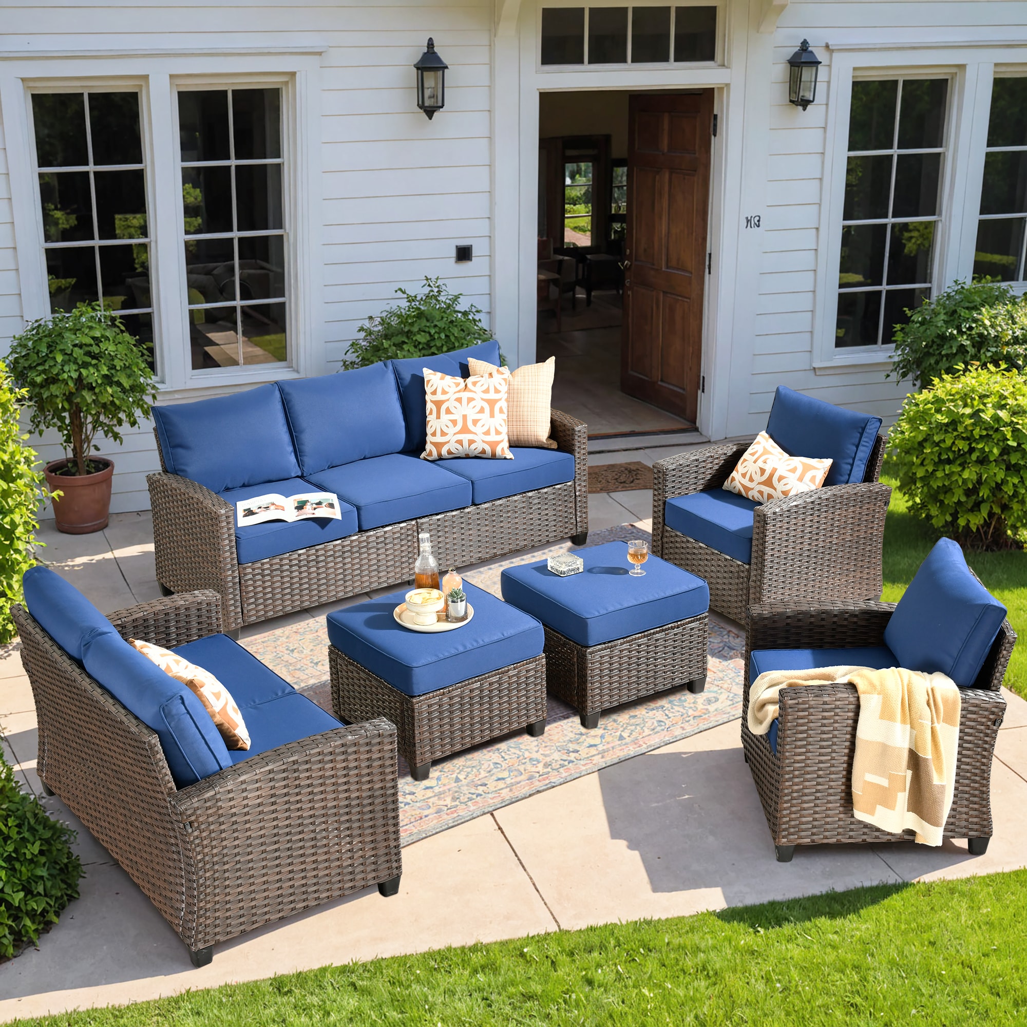 weaxty HMBZTPRS706 Gem 6-Piece Wicker Patio Sofa Conversation Set with Blue Cushions