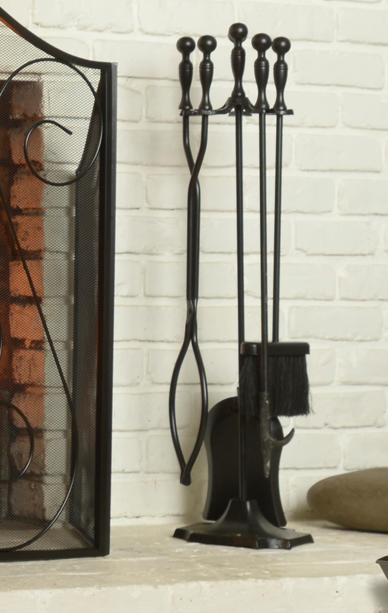 Black Cast Iron 5-Piece Fireplace Tool Set with Ergonomic Handles