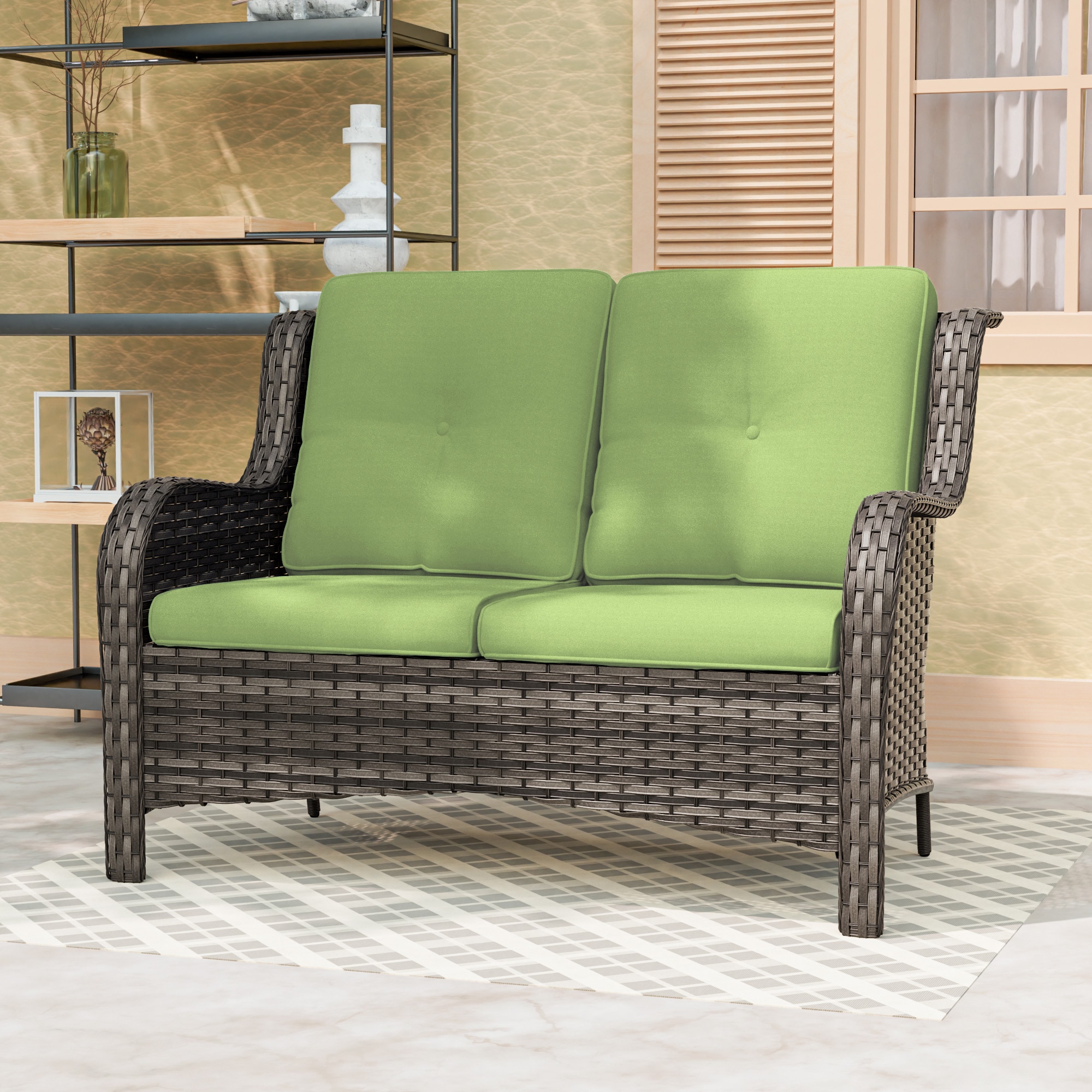 Gardenbee HGL-M79-GRN Wicker Furniture Wicker Outdoor Loveseat with Green Cushions and Steel Frame
