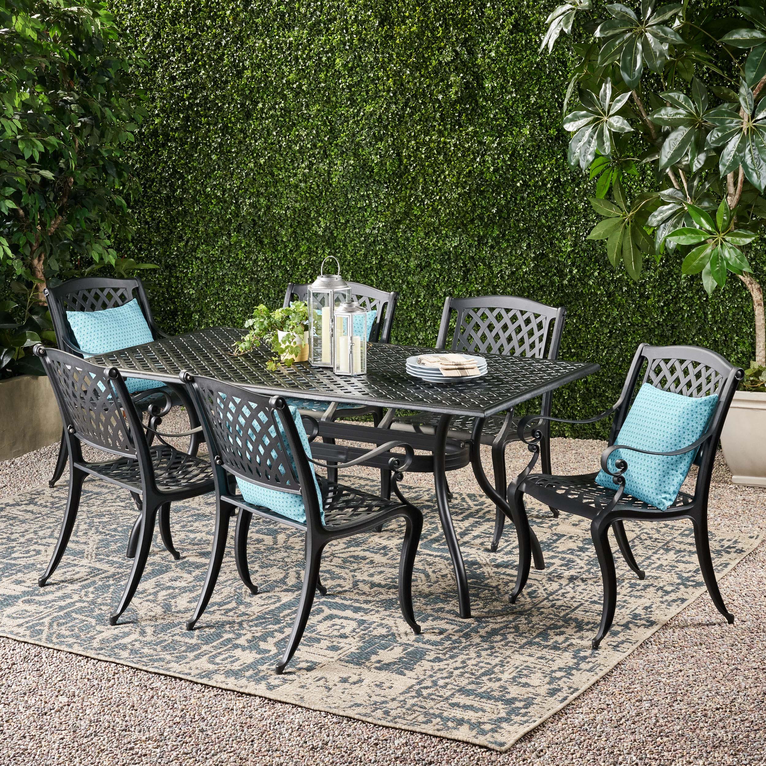 Best Selling Home Decor 295848L 7 -Piece Antique Matte Black Patio Dining Set Aluminum Rectangle Table with 6 Stationary Chairs