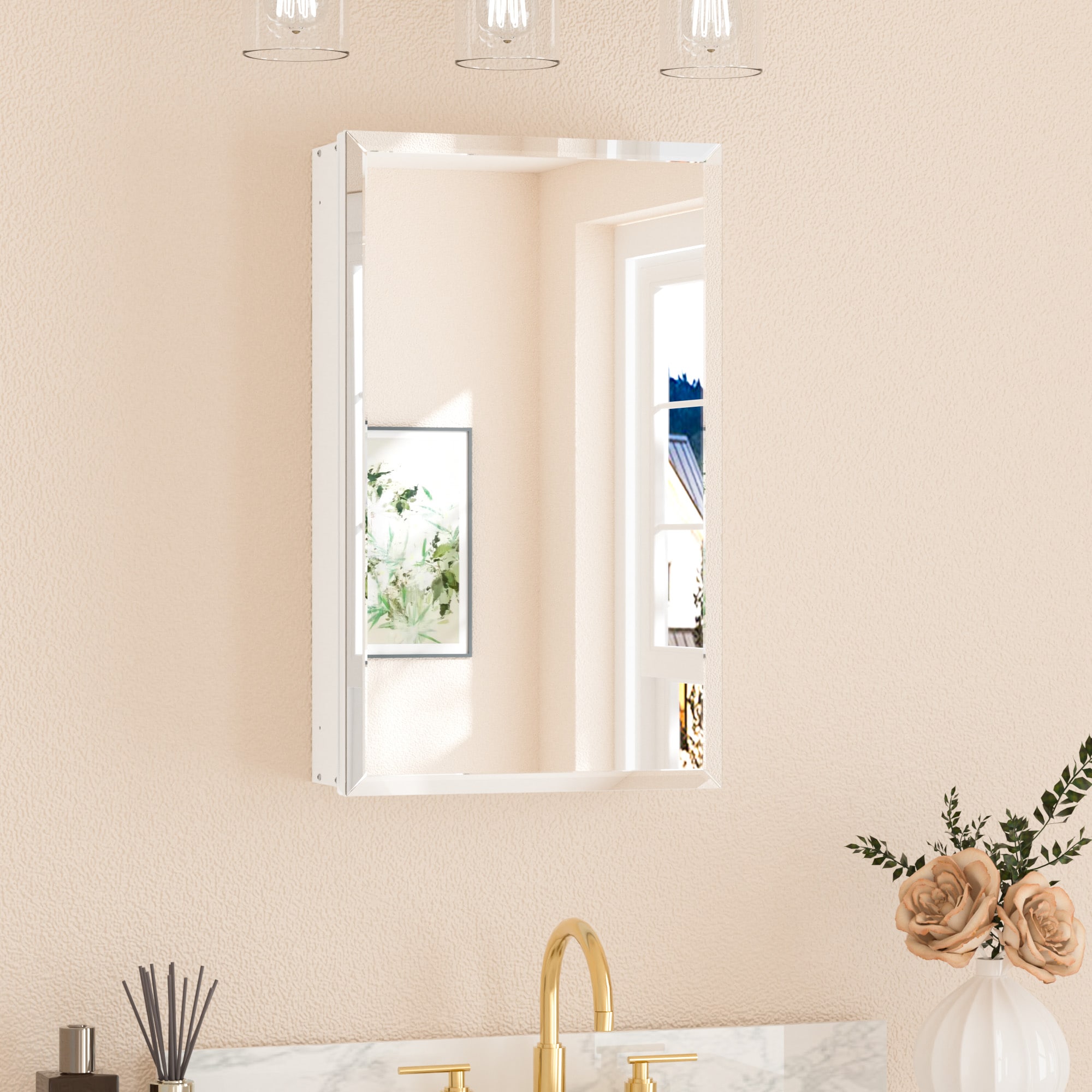 Keonjinn LW-JG-FJXP-4166-WH 16-in x 26-in Surface/Recessed Mount White Mirrored Rectangle Soft Close Medicine Cabinet